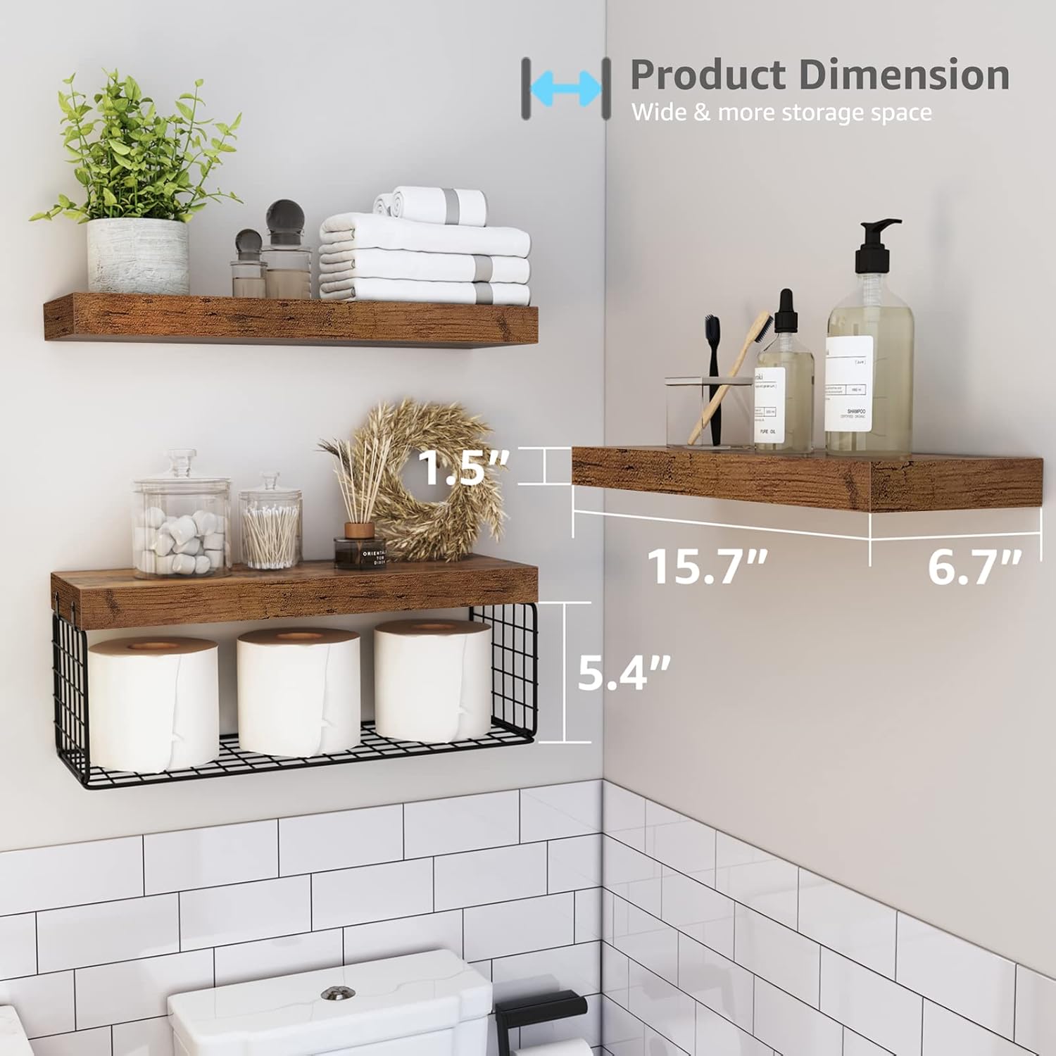 QEEIG Bathroom Shelves Over Toilet - Wall Mounted Floating Shelves Toilet Paper Storage Small Farmhouse Decor Shelf 16 inch Set of 3, Rustic Brown (019-BN3) - Image 3