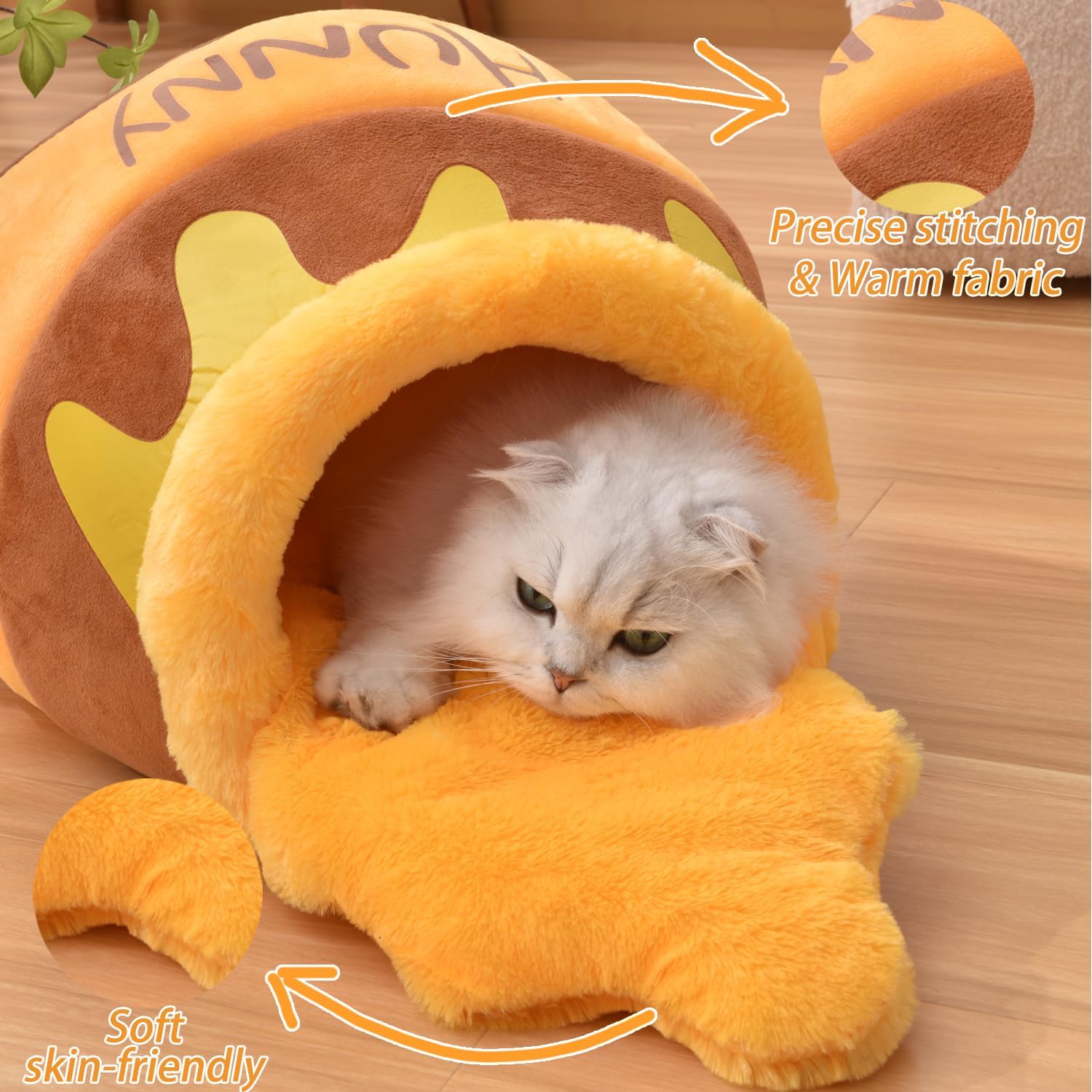 Honey Pot Cat Cave Bed, Soft and Thick Rebound Sponge Pet Nest with Removable & Washable Cushion, Cute Cartoon Design for Small Cats and Breeds - Image 2