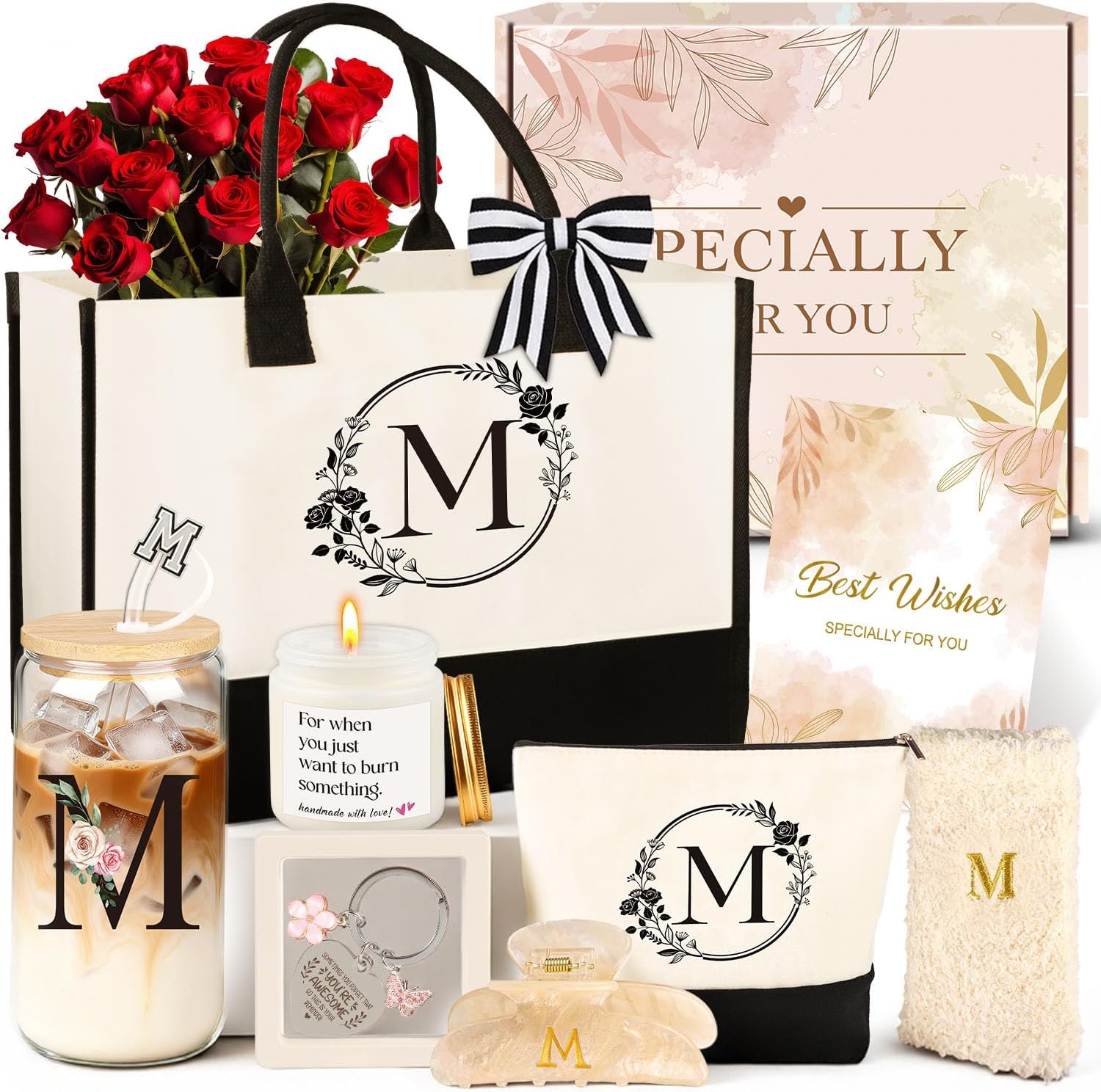 Birthday Gifts for Women, 10pcs Monogrammed Gifts for Women Initial Canvas Tote Bag, Makeup Bag, Glass Cup, Hair Clip, Candle Basket Birthday Personalized Gift for Her Woman Mom Wife Friend Teacher, M