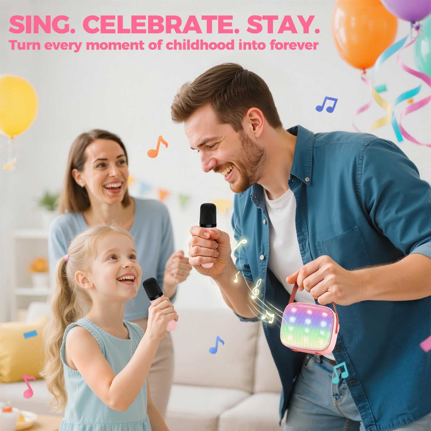 YLL Mini Karaoke Machine for Kids Adults, Portable Bluetooth Speaker with 2 Wireless Microphones, Trendy Birthday Gifts Toys for Girls Ages 3, 4, 5, 6, 7, 8, 9, 10+ Years Old Home Family Party (P-ink) - Image 7