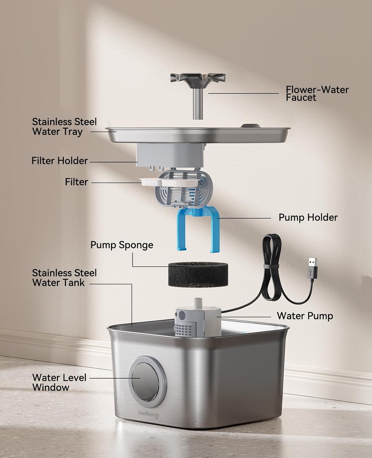 Stainless Steel Cat Water Fountain, 2.8L with 20dB Ultra-Quiet Pump- Ideal for Timid Pets, LED Water Level Window, Dishwasher Safe, 24/7 Circulation- Includes 3 Replacement Filters - Image 9