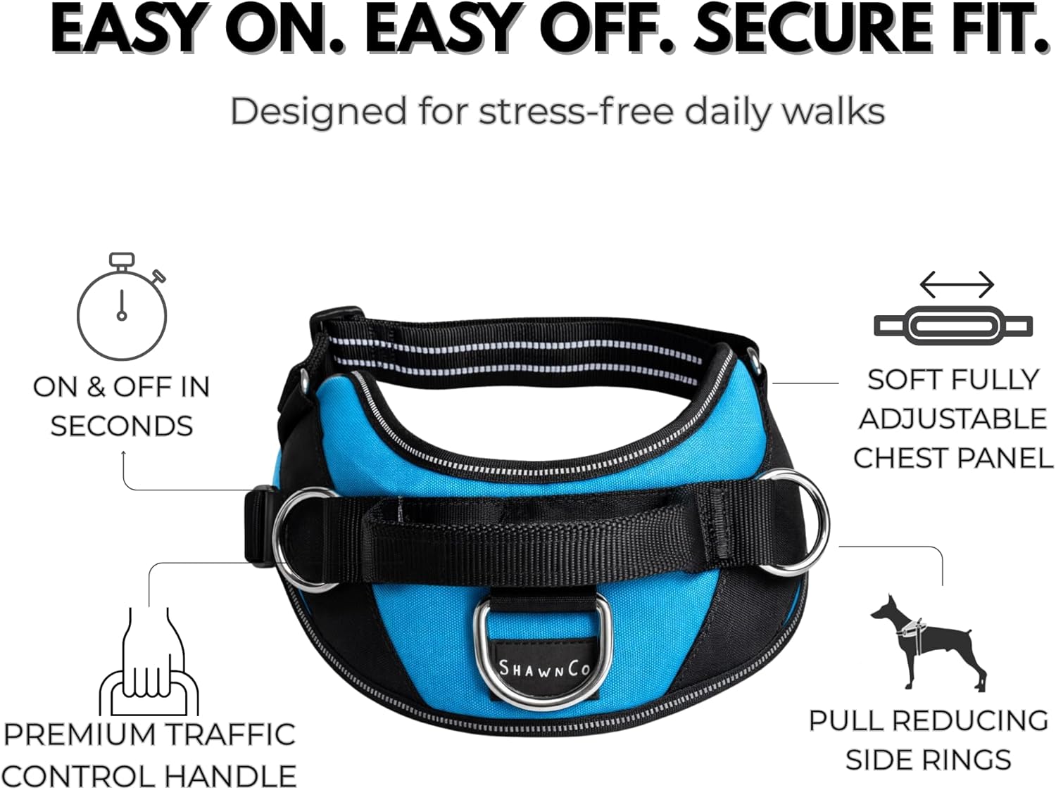 ShawnCo Essential Dog Harness, No-Pull Pet Vest with 3 Leash Clips, No Choke, Reflective, Adjustable and Padded, for Easy Walking and Training for Small, Medium and Large Dogs (Oceanic Blue, S) - Image 4