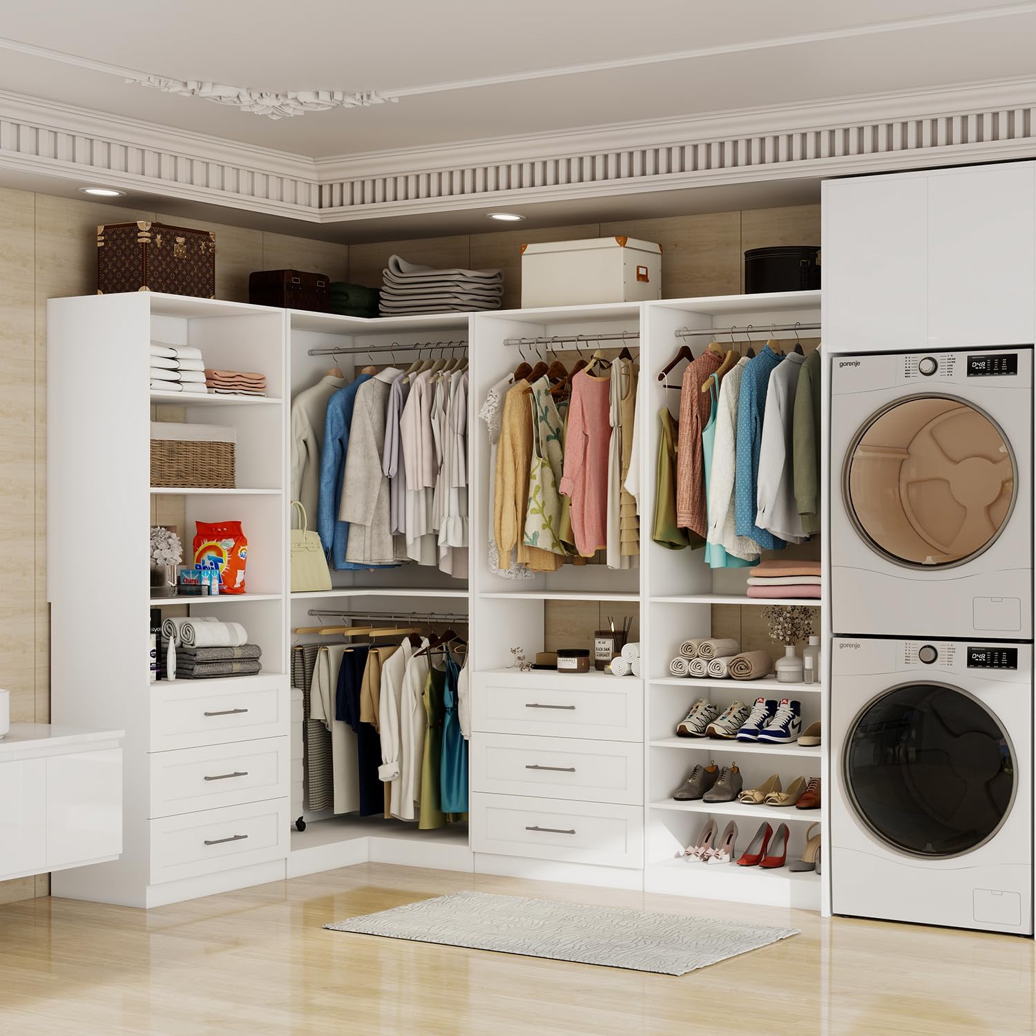 Vomavex Closet System with 4 sets, 101.9" Closet Organizer Systems with 6 Drawers & 8 Hanging Rods & Adjustable Shelves, Walk in Closet Standing Closet System, Corner Closet System Set, White - Image 7