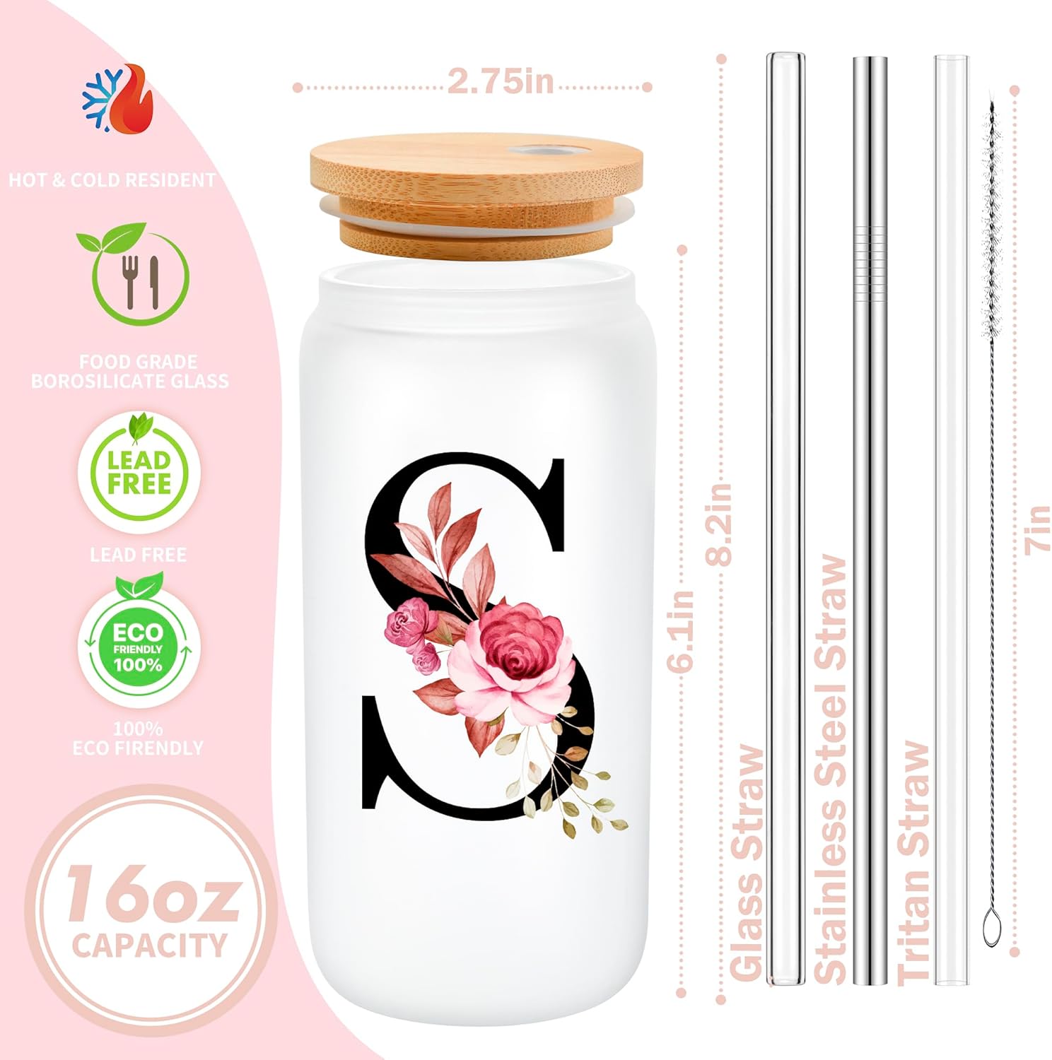 Personalized Gifts for Women, Monogrammed Frosted Glass Tumbler with Straw and Lid, Cute Customized Mug, Custom Initial Iced Coffee Glasses, Customizable Drinking Cup, Birthday Teacher Woman, A - Image 2