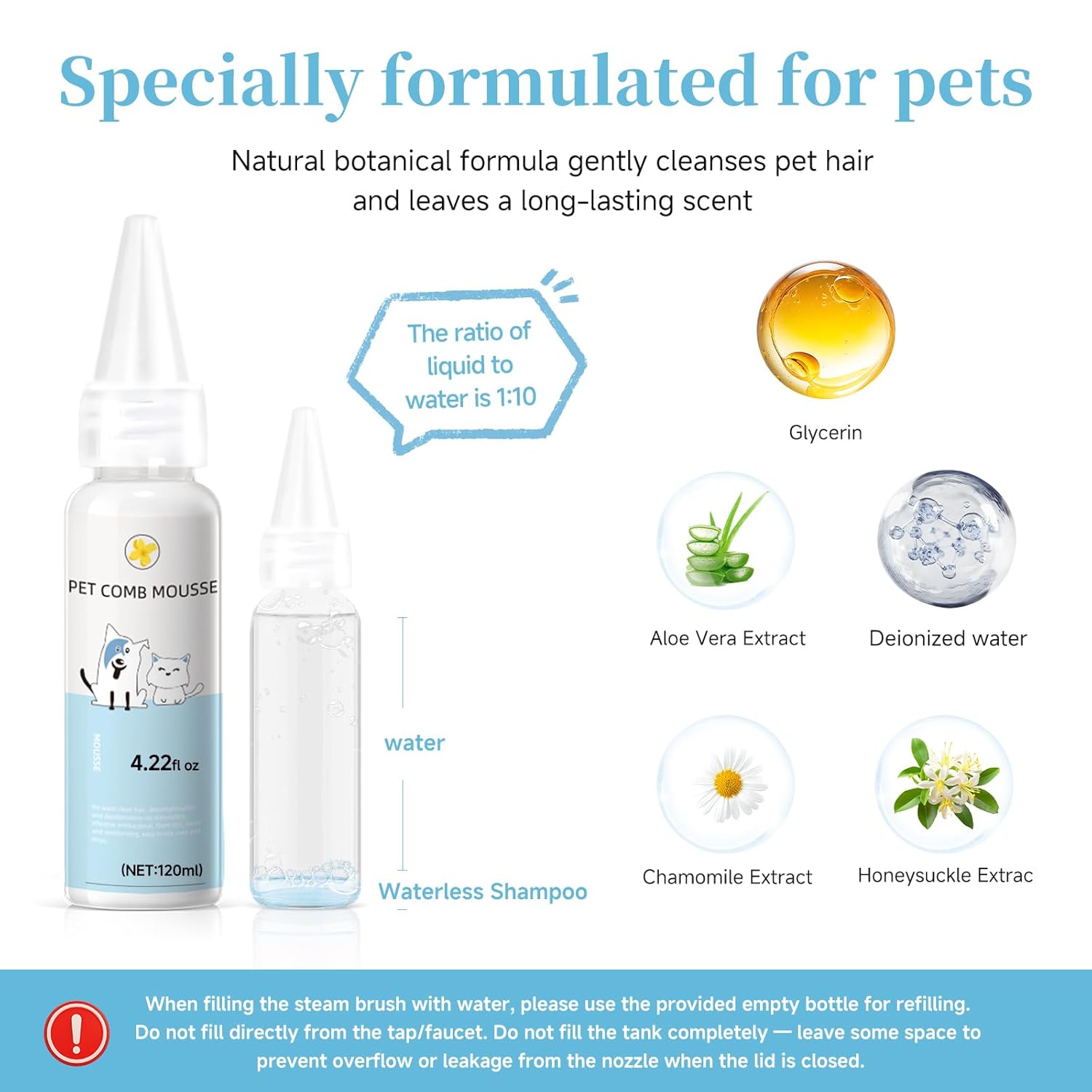 Pet Steam Brush for Dog & Cat - 3-in-1 Steam Grooming Brush for Shedding & Hair Removal - Self Cleaning Spray Comb with Mist for Long Haired Pets - Includes 1*Waterless Shampoo, Blue. - Image 3
