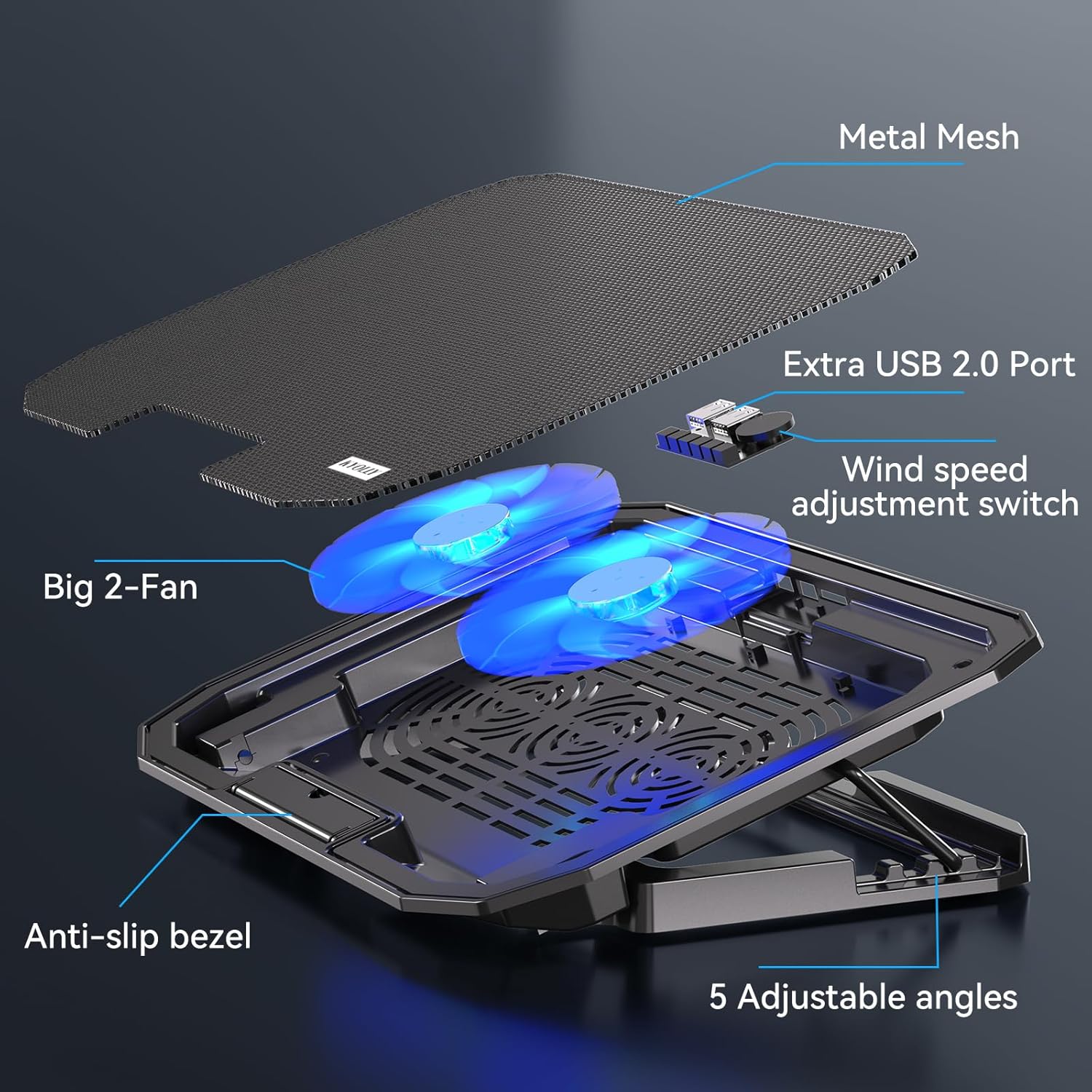 KYOLLY Ultra Slim Laptop Cooling Pad with 2 Quiet Big Fans, 5 Height Adjustable Ergonomic Stand, Portable Cooler for 10-15.6 Inch Laptops, Speed Control and 2 USB Ports - Image 2