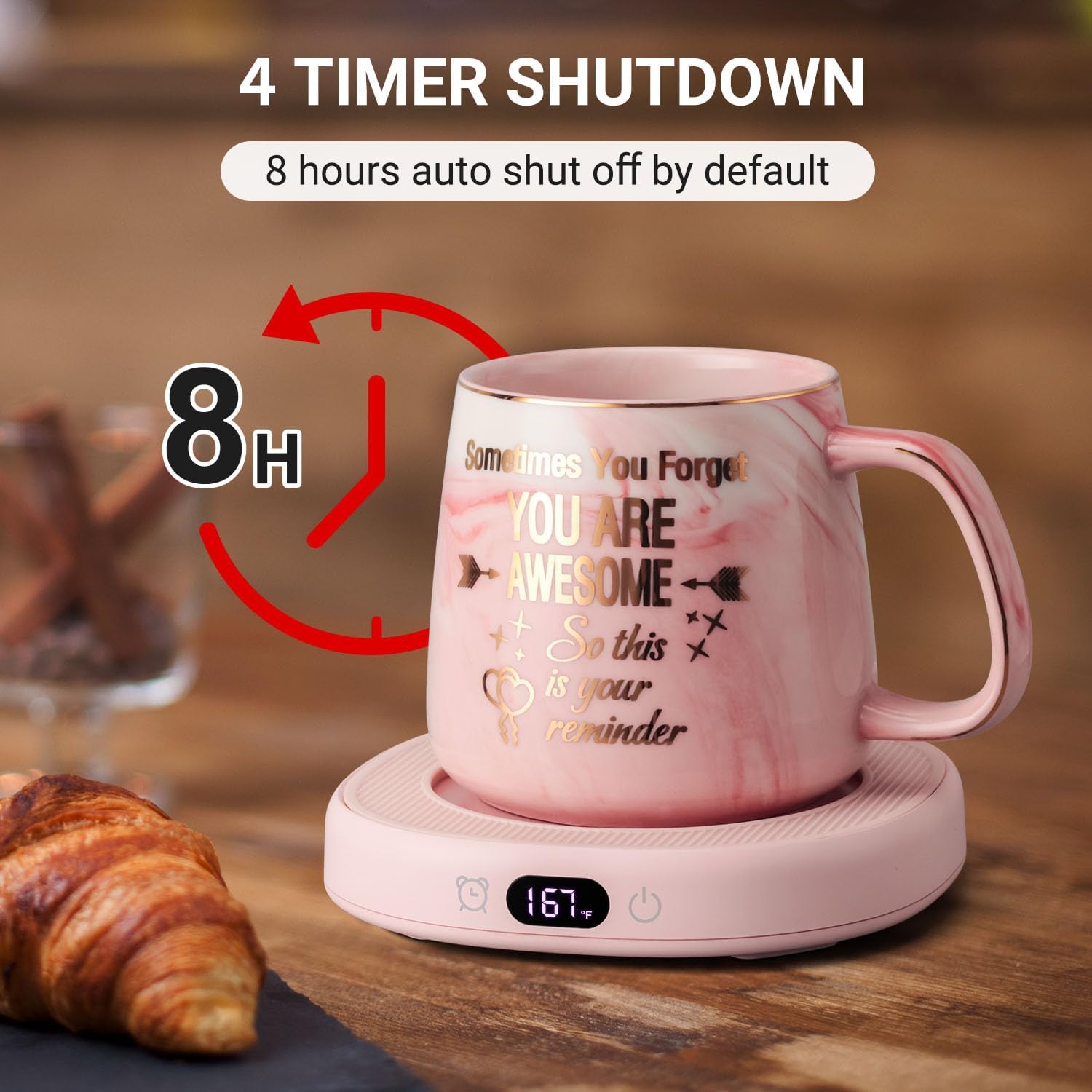 Coffee Mug Warmer & You are Awesome Mug Set, Electric Cup Warmer for Desk, Beverage Warmer with 4 Temperature Setting, 8-Hours Auto Shut Off - Image 6