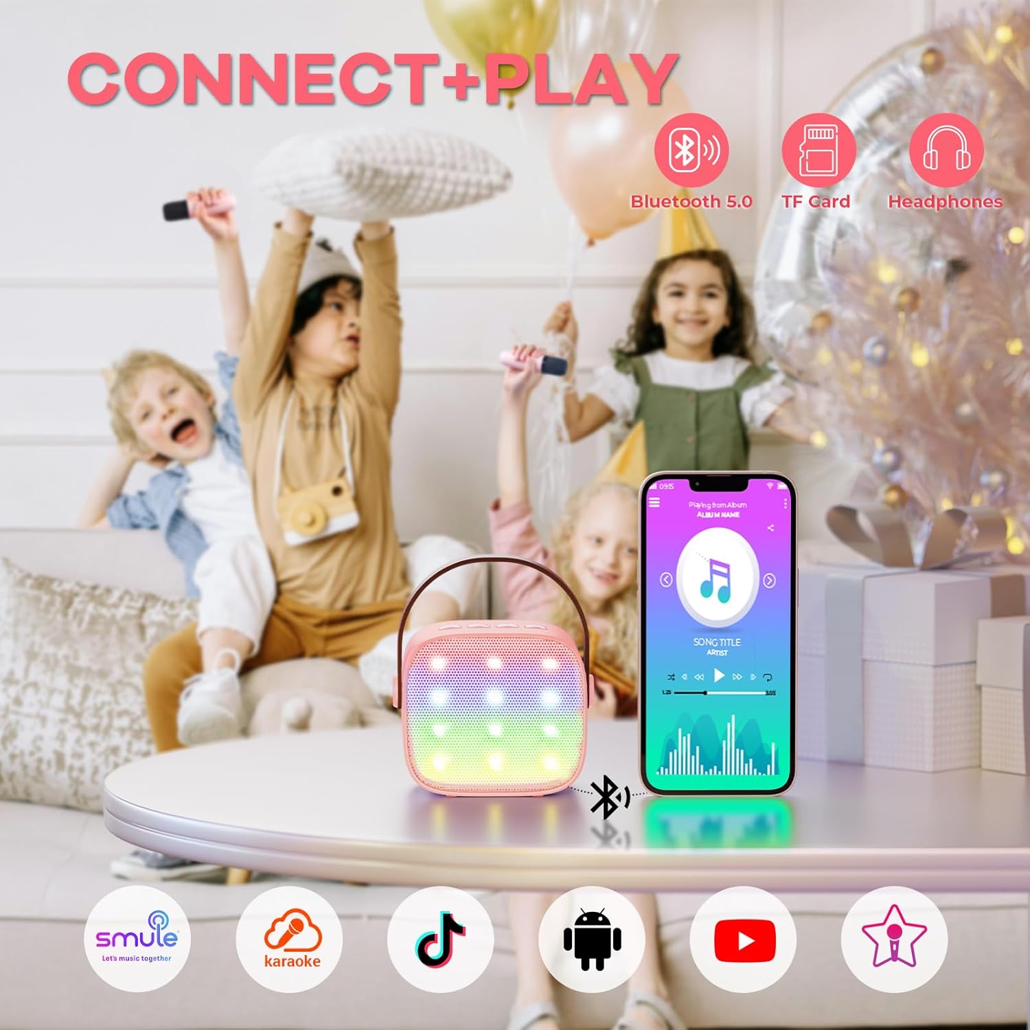 YLL Mini Karaoke Machine for Kids Adults, Portable Bluetooth Speaker with 2 Wireless Microphones, Trendy Birthday Gifts Toys for Girls Ages 3, 4, 5, 6, 7, 8, 9, 10+ Years Old Home Family Party (P-ink) - Image 6