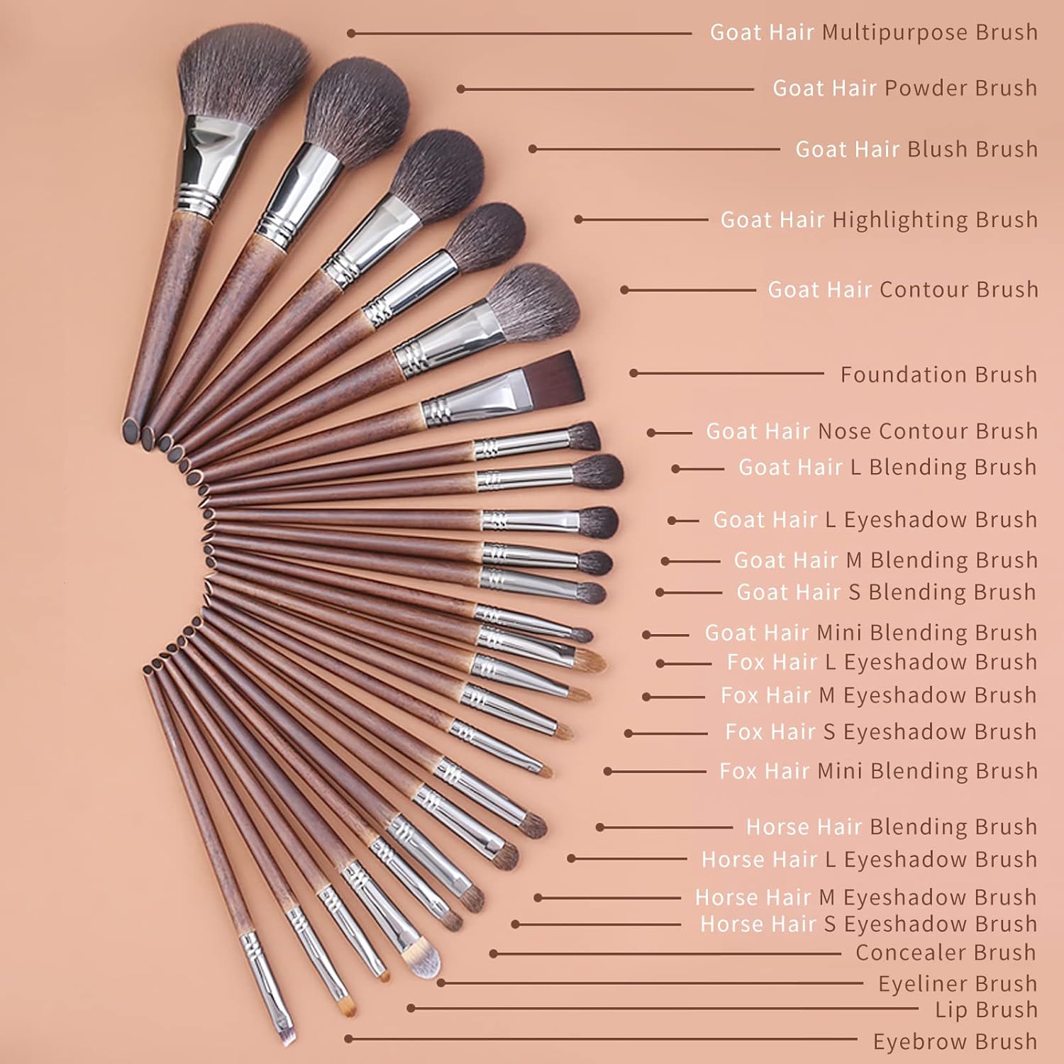 Deluxe Natural Goat Hair Makeup Brush Set with Case, 24 Cosmetic Brushes Makeup Set, Wooden Natural Makeup Brushes, Natural Bristle Makeup Brush, Natural Hair Makeup Brushes Set Professional. - Image 3
