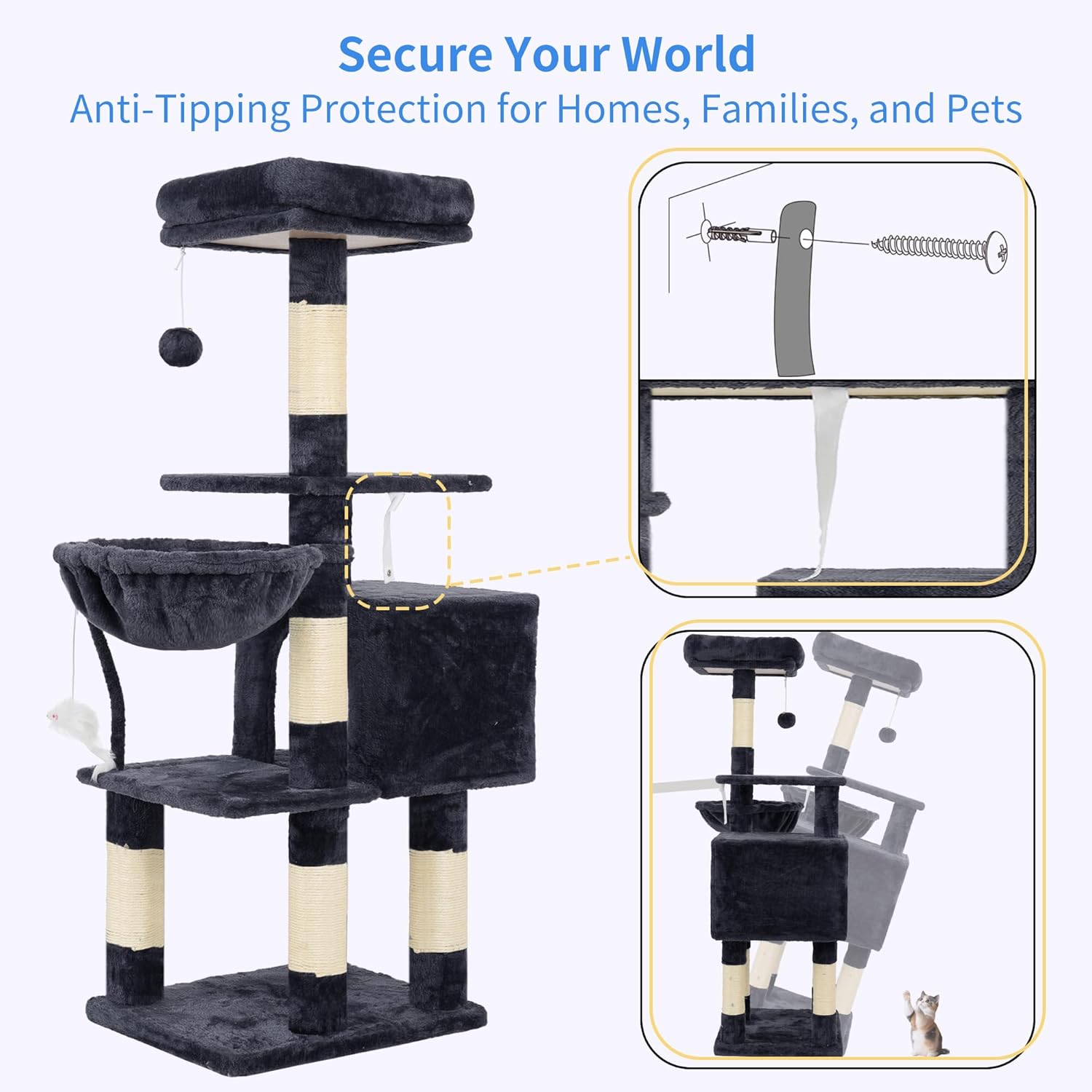 Heybly Cat Tree with Toy, Cat Tower Condo for Indoor Cats, Cat House with Padded Plush Perch, Cozy Hammock and Sisal Scratching Posts, Smoky Gray HCT004SG - Image 6