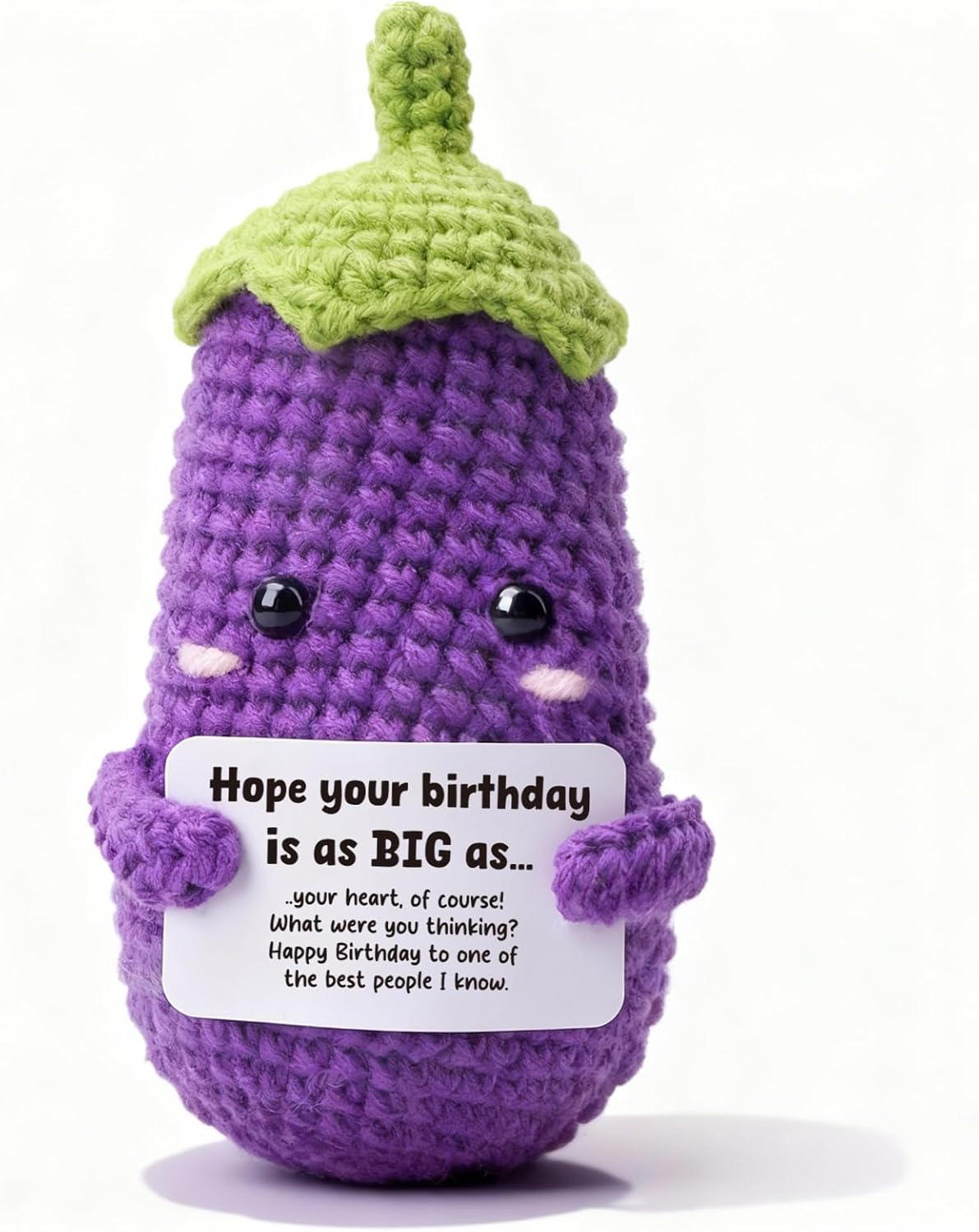 Funny Crochet Eggplant Birthday Gag Gift for Best Friend, Handmade Novelty Plush with Witty Card, Funny Gifts for Women, BFF, Sister, White Elephant & Stocking Stuffer Idea