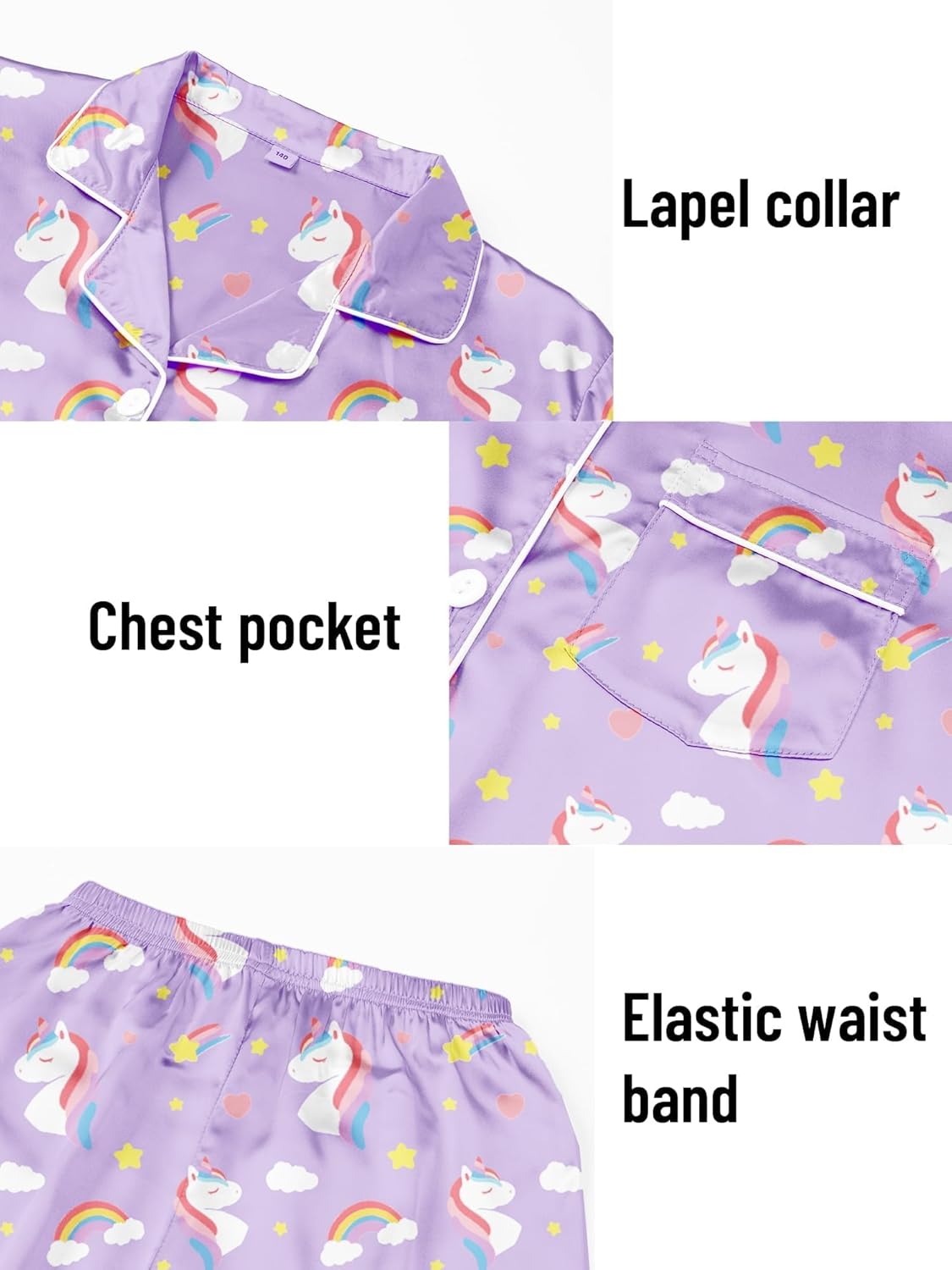 Girls Pajamas Silky Sets 2 Packs, Soft Satin Boys Kids Summer Pjs, Short Sleeve Button Down for Birthday Gift, 5Y-14Y - Image 5