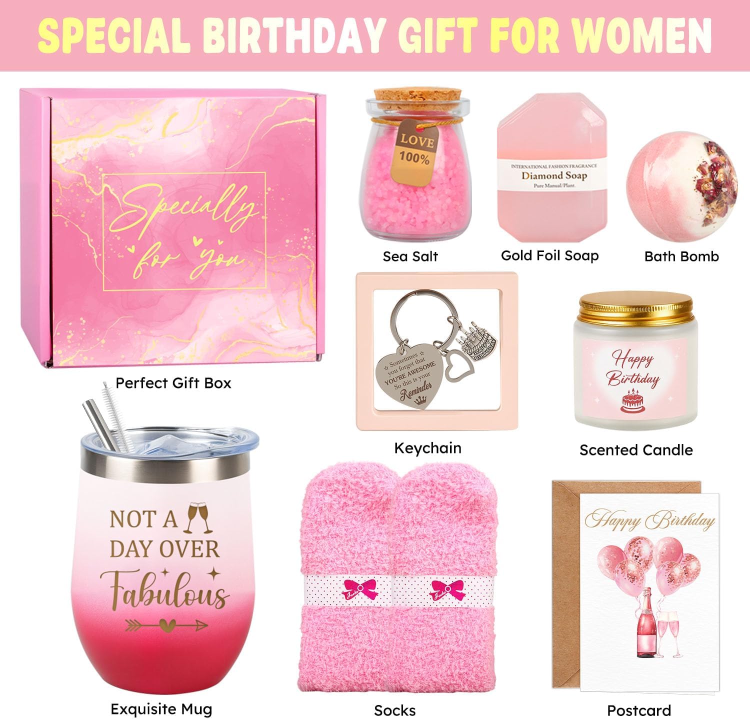 Birthday Gifts for Women, 11PCS Not A Day Over Fabulous Happy Birthday Gifts for Women Self Care Relaxing Spa Gift Basket Birthday Gift Ideas for Woman Birthday Present for Her, Mom, Wife, Sister - Image 2