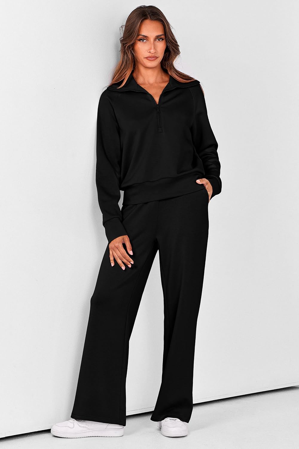 PRETTYGARDEN Women's 2 Piece Outfits Casual Lapel Half Zip Sweatshirts and Wide Leg Pants Tracksuit Sets - Image 2