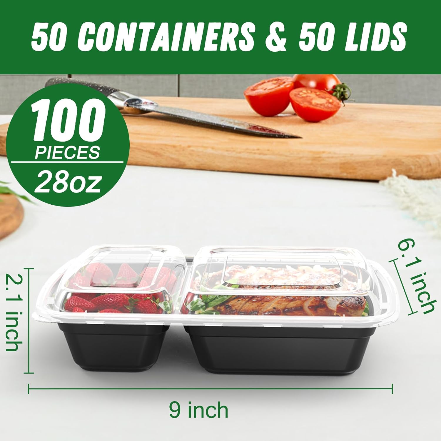 Dealusy 50 Pack (100-Piece) 28 oz Meal Prep Containers Reusable with Lids 2-Compartment, Sturdy Leakproof Food Safe, Microwave Freezer Dishwasher Safe, To Go Take Out Plastic Food Storage, Black - Image 2