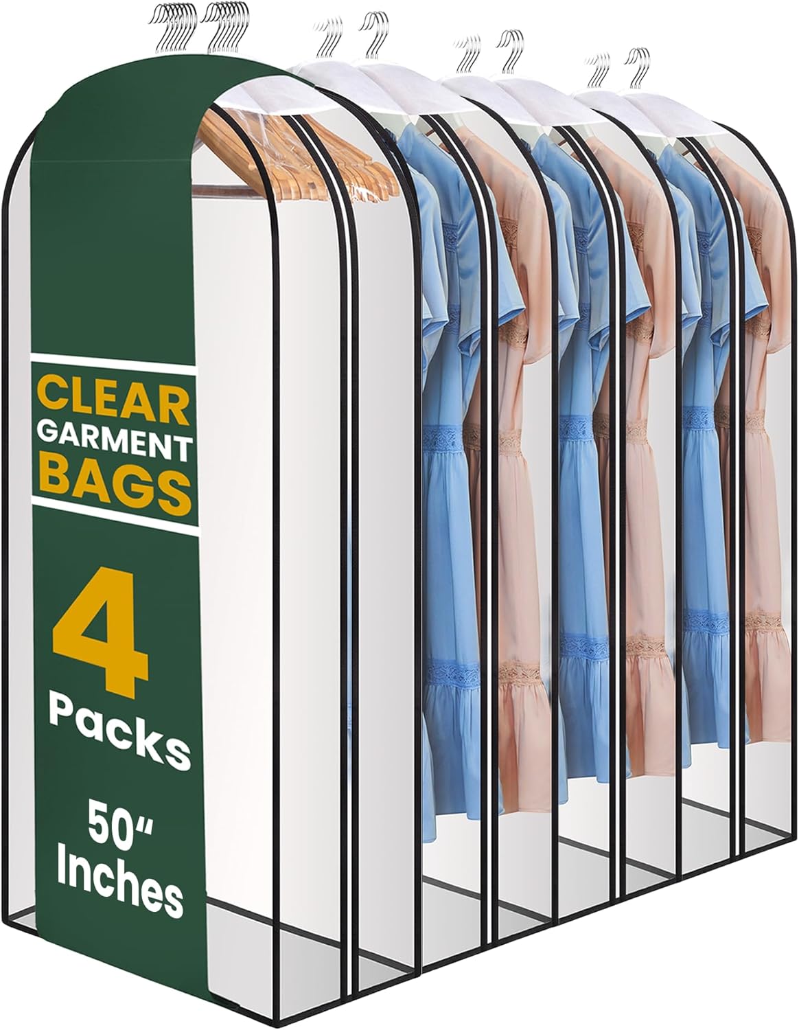 Handy Laundry Clear Garment Bags for Hanging Clothes, 50" Suit Bags with 10" Gusset, Heavy Duty Closet Storage Covers for Coats, Dresses, Shirts, Jackets, Dustproof & Breathable, 4 Pack