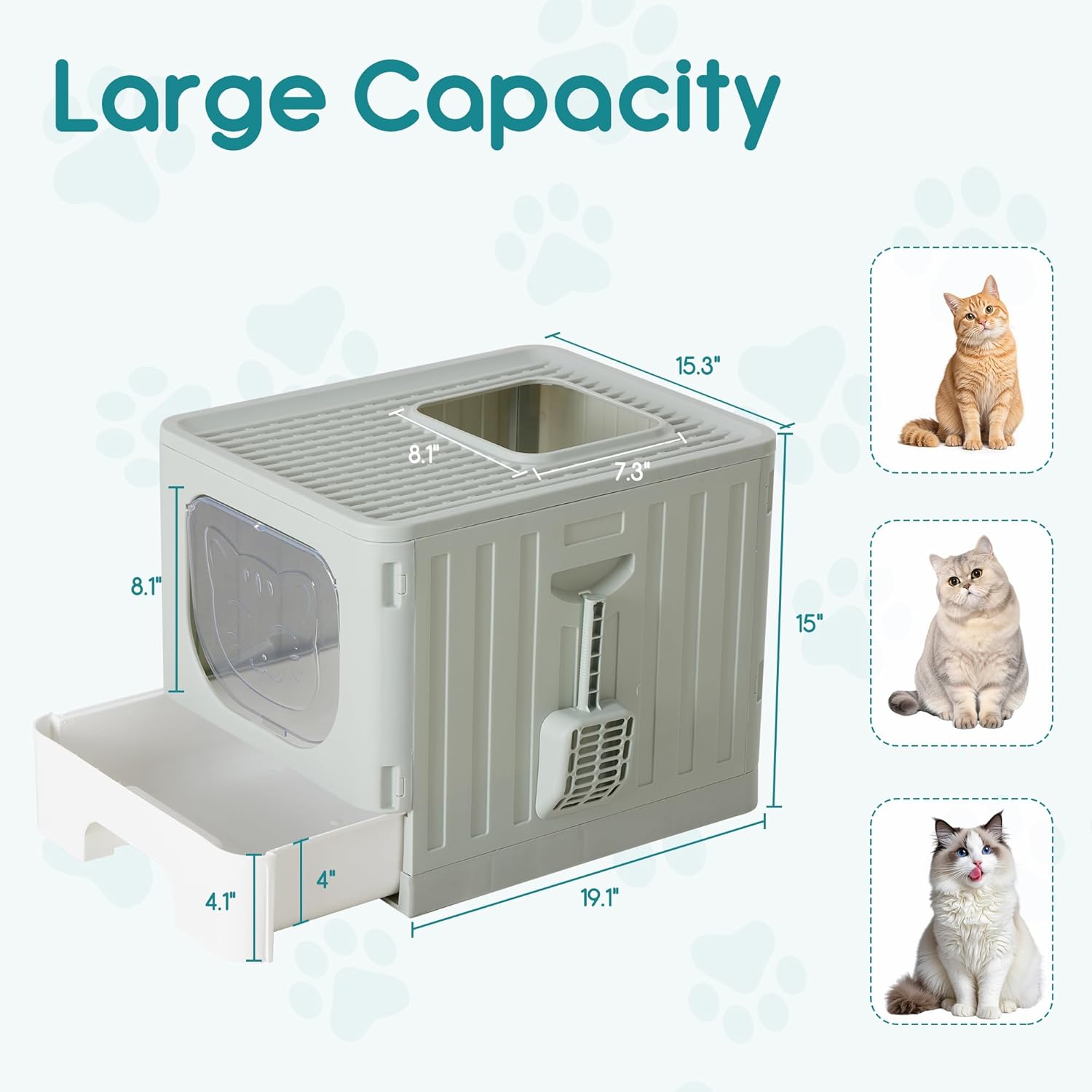 OLIXIS Cat Litter Box with Lid, Large Foldable Cat Box with Litter Scoop, Front Entry Top Exit Kitty Litter Box with Door, Easy Cleaning Drawer Design Odor Control, Grey - Image 2
