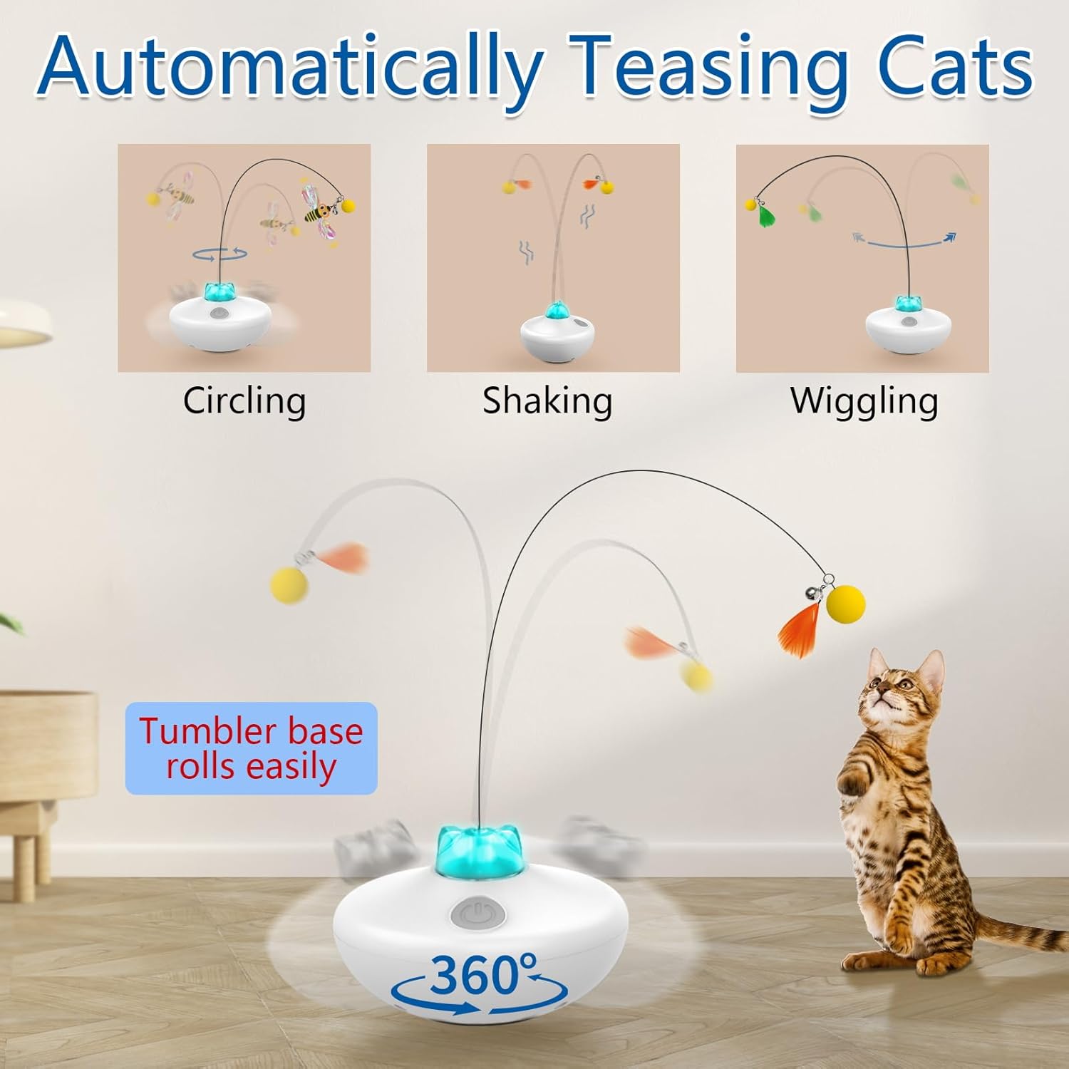 Oxawo Interactive Cat Toys Cat Exercise Tumbler, Rechargeable Cat Toys for Indoor Cats Spin Butterfly Game Teasing Kitty, Extra Long Feather Wand (P33 cat Toys) - Image 3