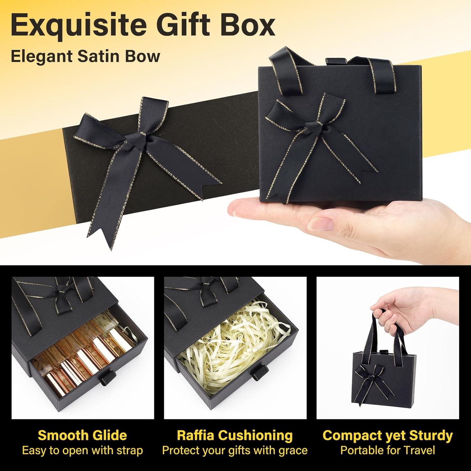 Segbeauty Drawer Black Gift Box Portable, Empty Gift Box for Presents for Women Men, Mini Decorative Package Storage Boxes with Ribbon for Travel Perfume Bottle Roller Bottles Cosmetic Containers - Image 2