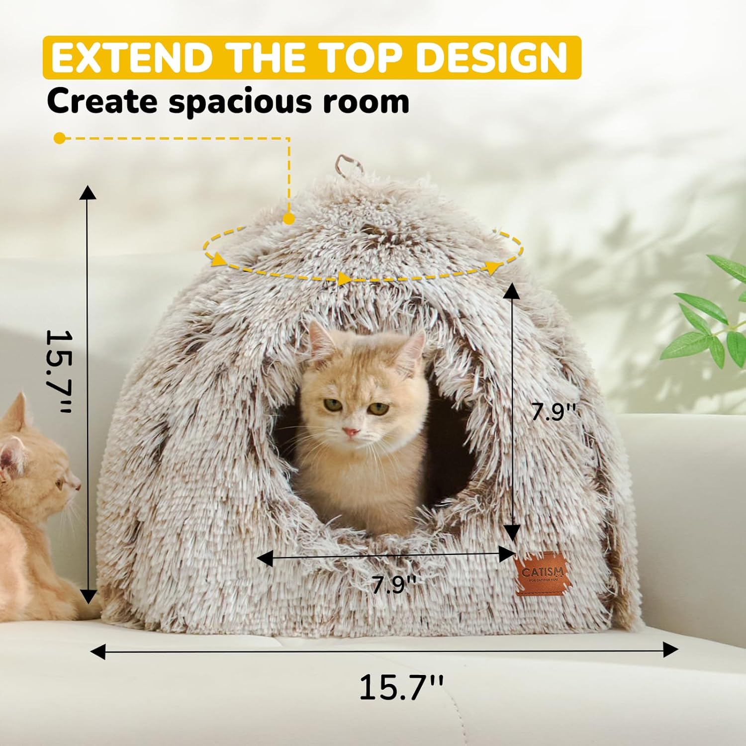 CATISM Cat Bed, Cat Cave for Indoor Cats, Soft Cat Dome, Self-Warming 2 in 1 Foldable Pet Cat House with Washable Cushioned Pillow Calming Fluffy Dog Beds for Small Dogs with Anti-Slip Bottom Brown - Image 3
