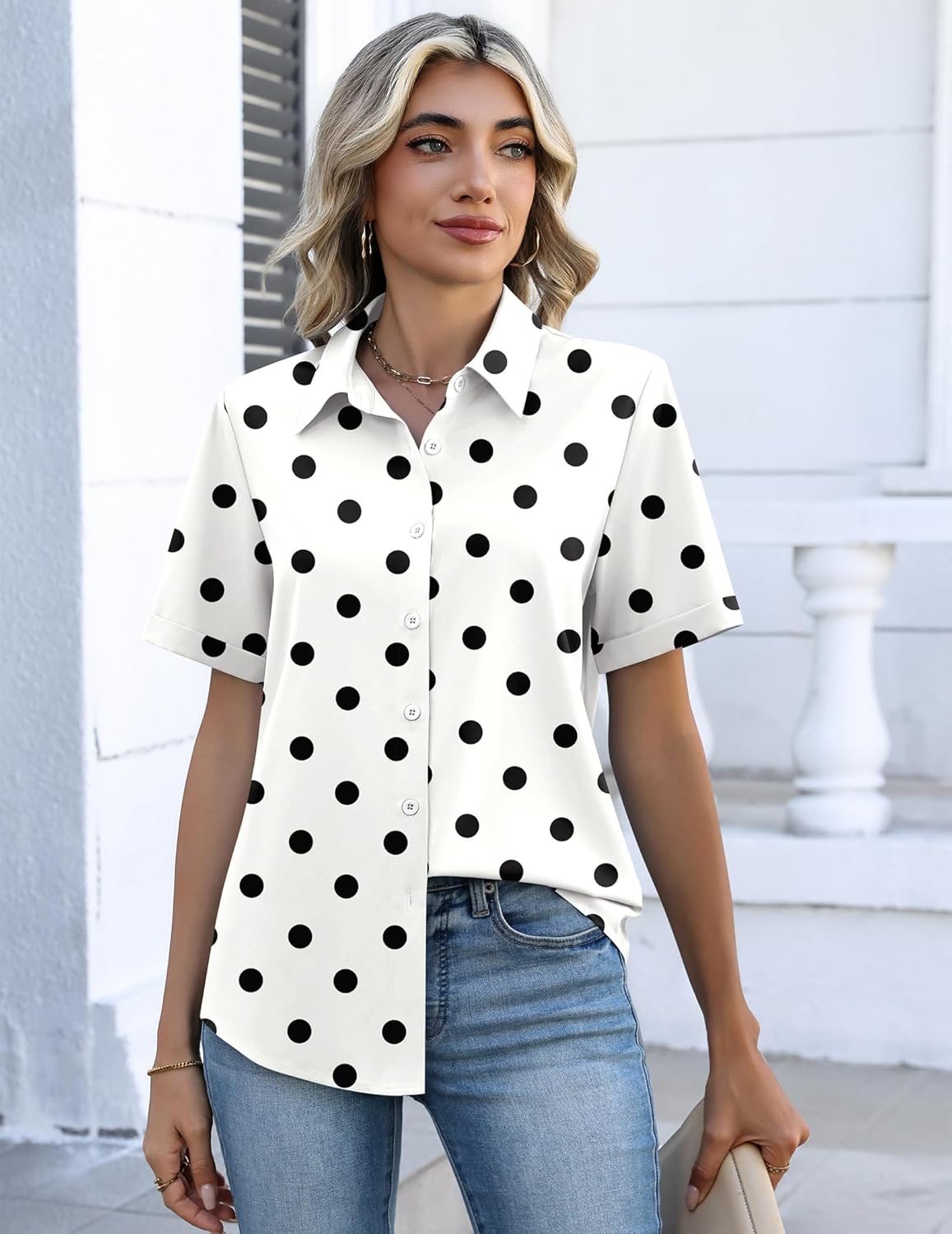 Zeagoo Button Down Shirts for Women Short Sleeve Collared Tops Dressy Casual V Neck Blouses - Image 4