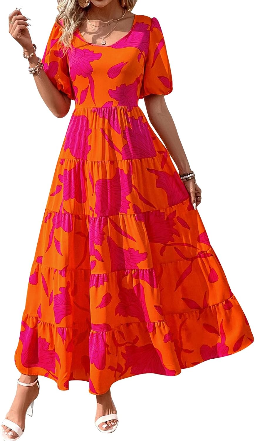 PRETTYGARDEN Puff Short Sleeve Cewneck Floral Long Fall Dresses for Women 2025 Flowy Tiered Hem Maxi Wedding Guest Dress
