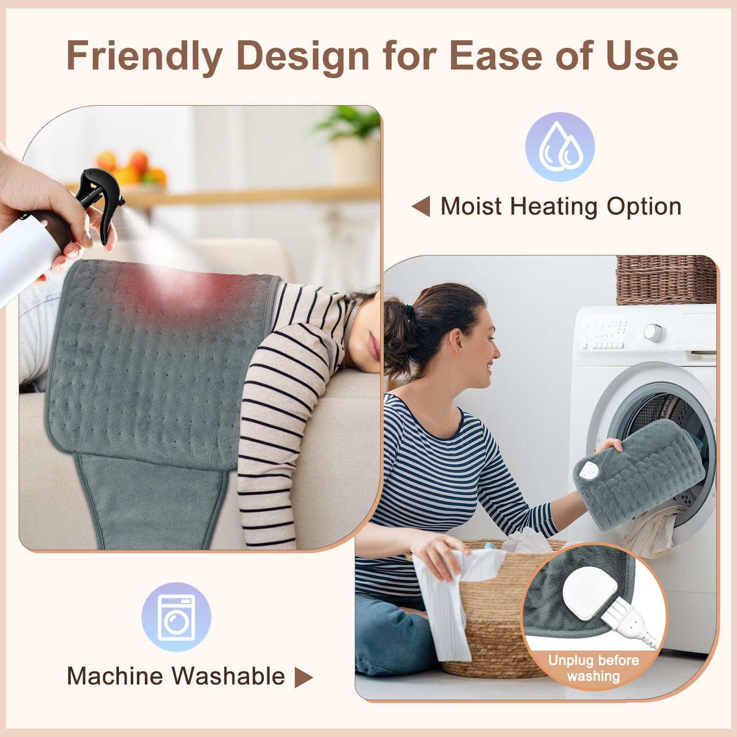 IGXHAVIZ Heating Pad for Back Pain Relief, Electric Heating Pad for Period Cramps Neck Shoulders with Belt, 4 Timer 6 Heat Setting & Auto Shut Off, 12"x24"+20" Large Moist Heat Pad for Mom,Dad - Image 6