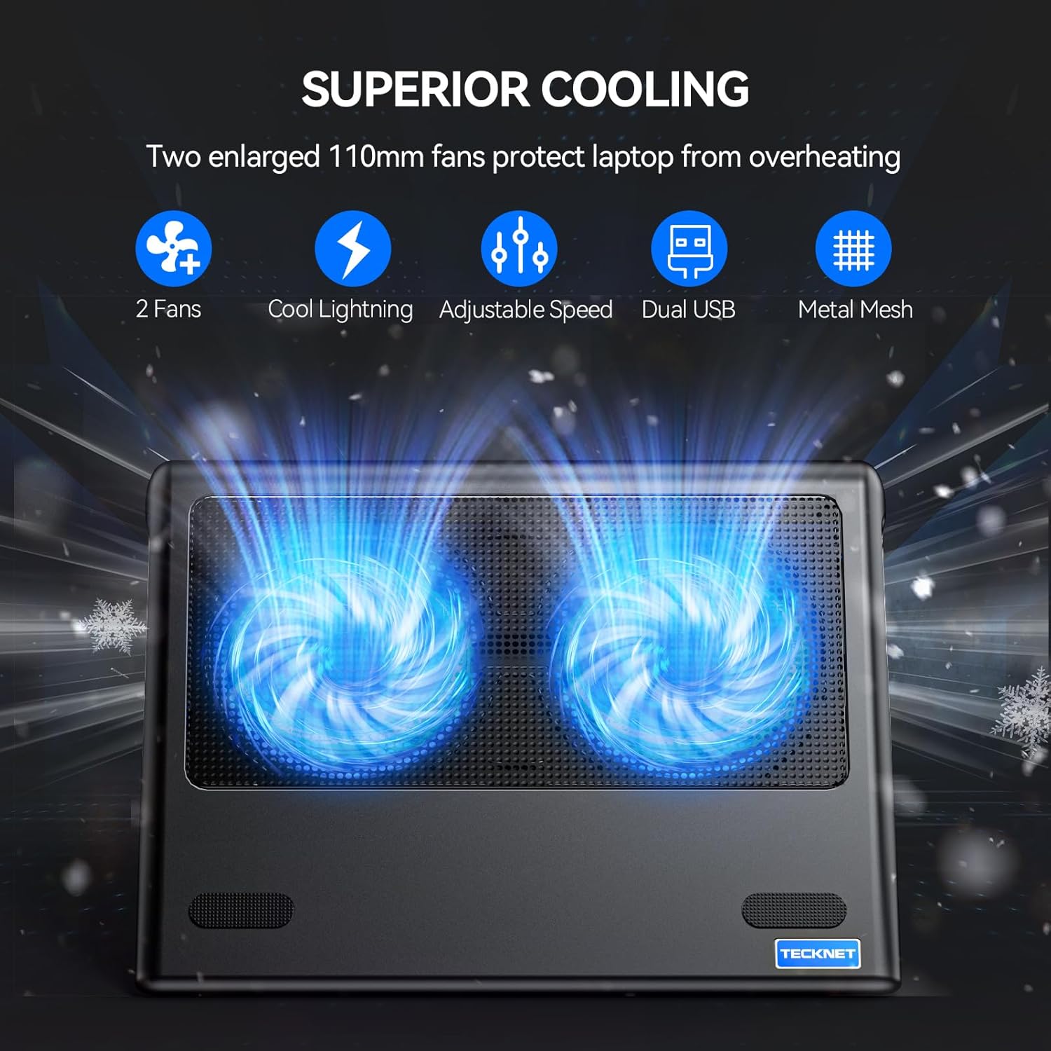 TECKNET Laptop Cooling Pad - 12"-15.6" Laptops Cooler, Powerful Cooler and Ultra Quiet for Gaming Laptops Pad, 2 Wind Speed Adjustable, USB A & C Powered Cooler Stand with Laptop Fan LED (Blue) - Image 2