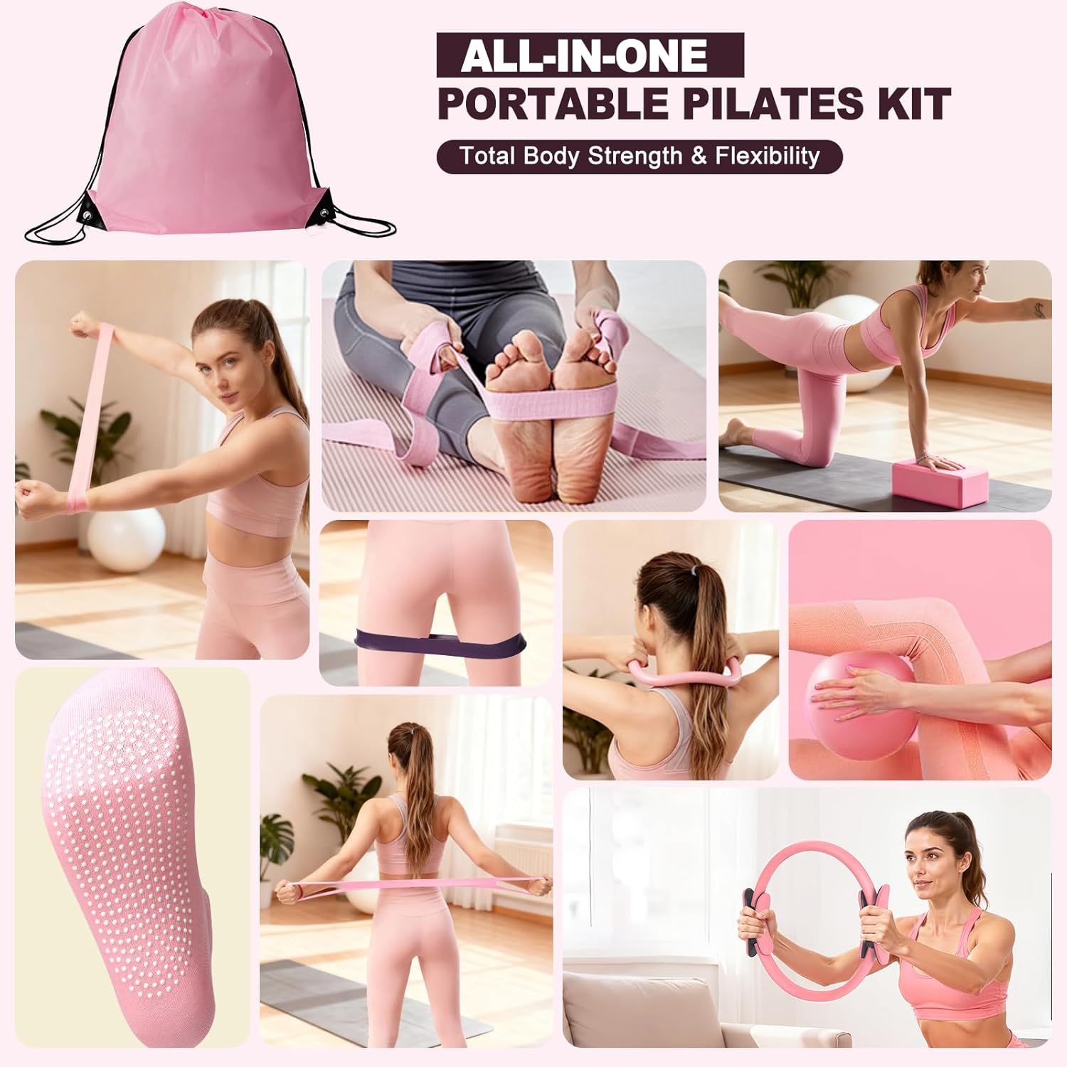 Pilates Kit, Home Pilates Workout Kit for Women, Pilates Equipment with Pilates Ring and Ball, Yoga Block & 5 Resistance Bands, Ankle Weights, Sliders & Grip Socks, Workout Guide Included - Image 2