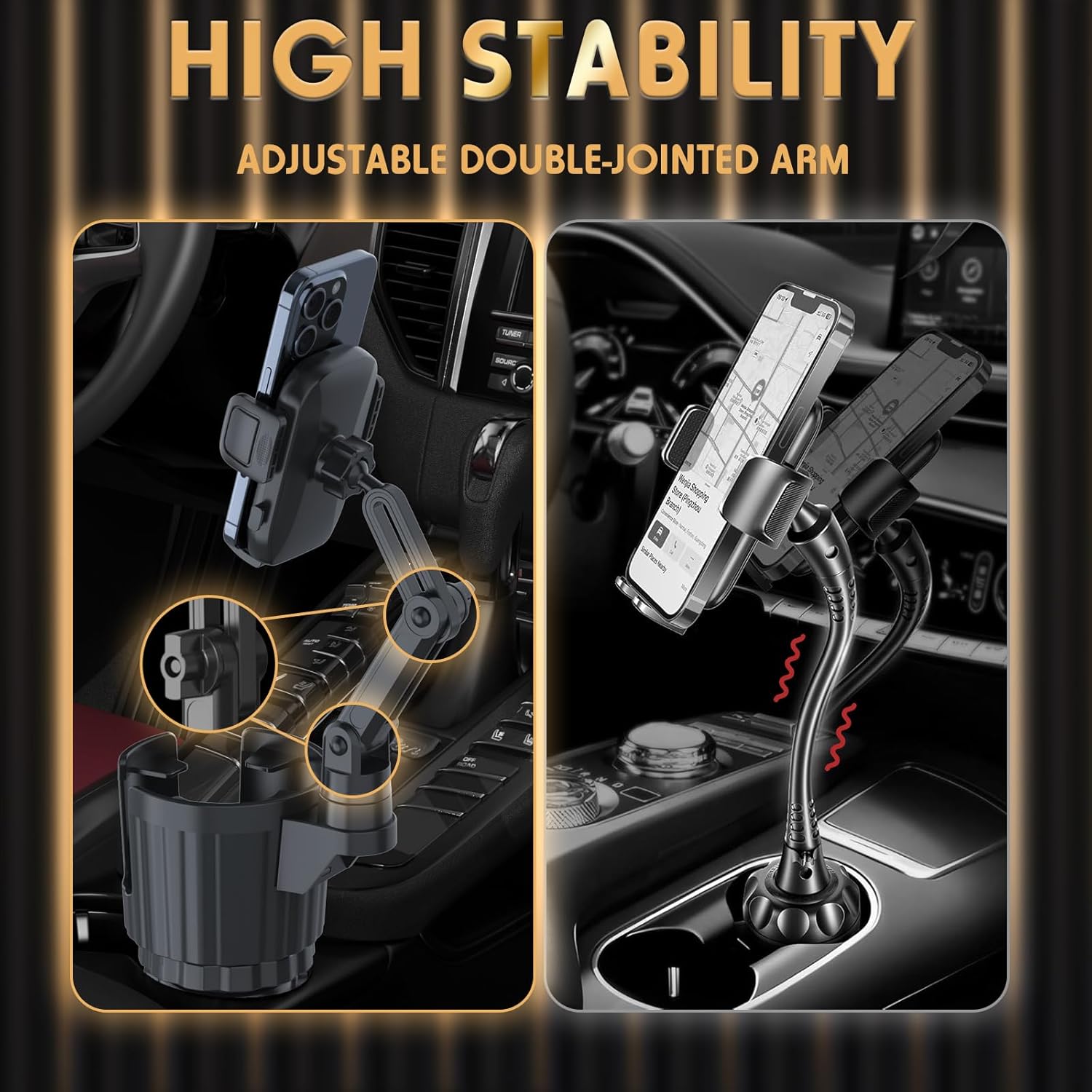 Phone Holders for Your Car, 2 in 1 Universal Cup Holder Expander Adjustable Base with Phone Mount, Long Arm with 360°Rotation Cup Holder Phones Mount for Car Compatible with All Smartphones - Image 2