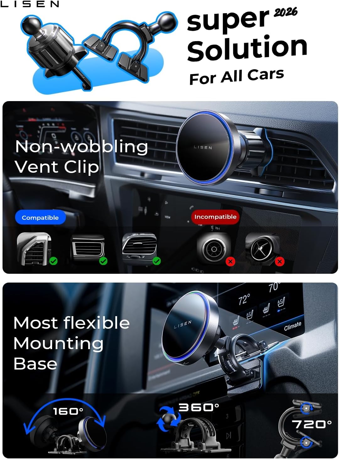 LISEN for 15W MagSafe Car Mount Charger,MagSafe Charger,Wireless Car Charger,Magnetic Phone Holder for Car,Phone Holders for Your Car Accessories for Women Men Jeep Ford F150 for iPhone 17-12,Samsung - Image 2