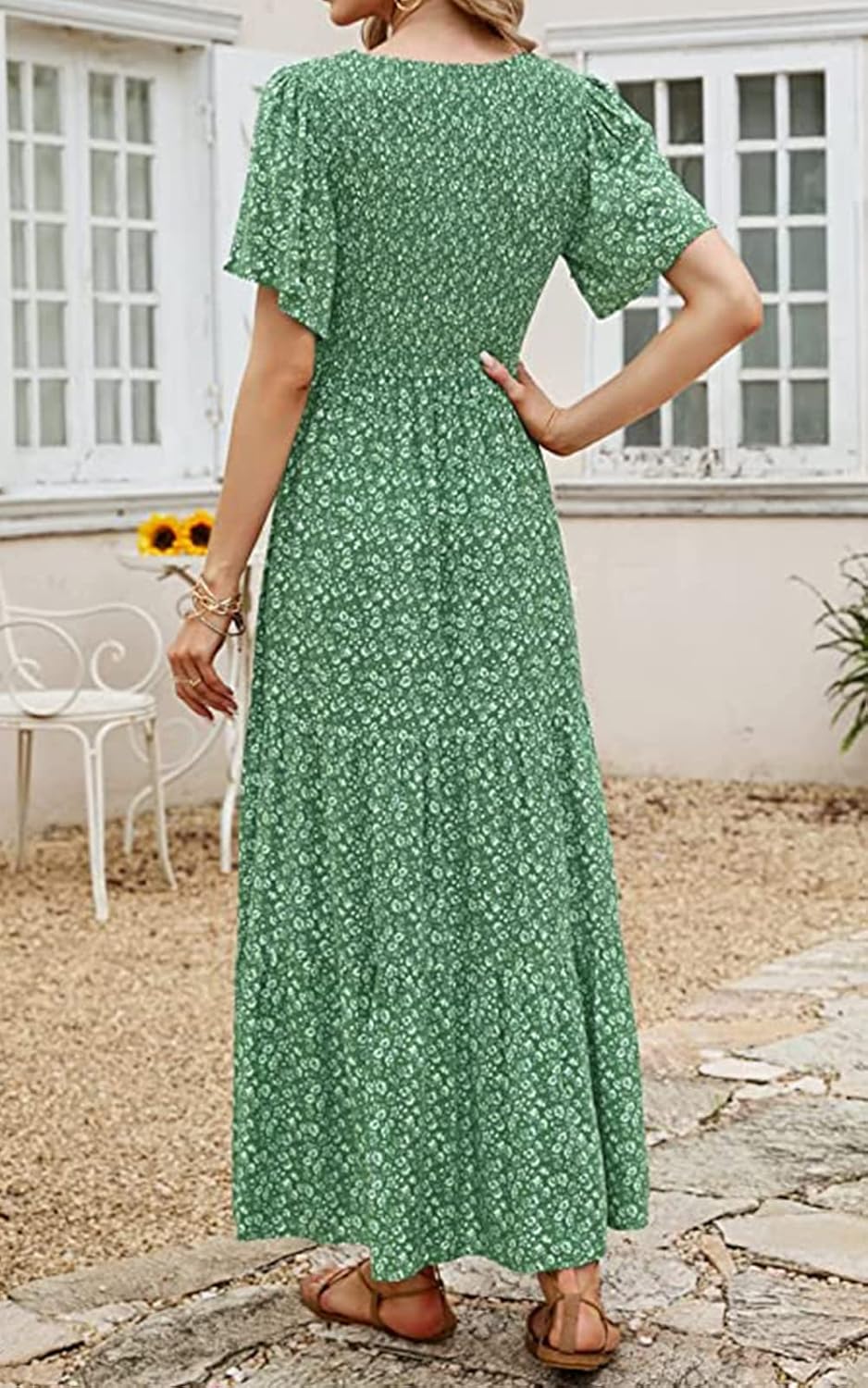 PRETTYGARDEN Women's 2026 Summer Casual Flutter Short Sleeve Boho Floral Maxi Dress Crew Neck Smocked Tiered Long Dresses - Image 7