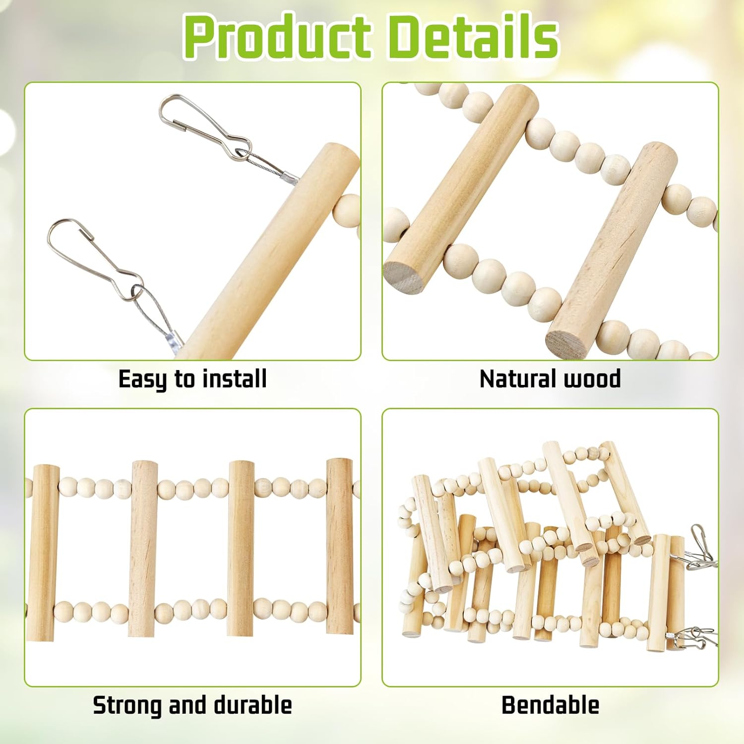 BNOSDM Long Bird Ladder Bridge 39.4 in Wooden Parakeet Climbing & Swing Toys Bird Cage Accessories for Budgies, Cockatiels, Conures, Lovebirds, Canaries (16-Steps) - Image 6