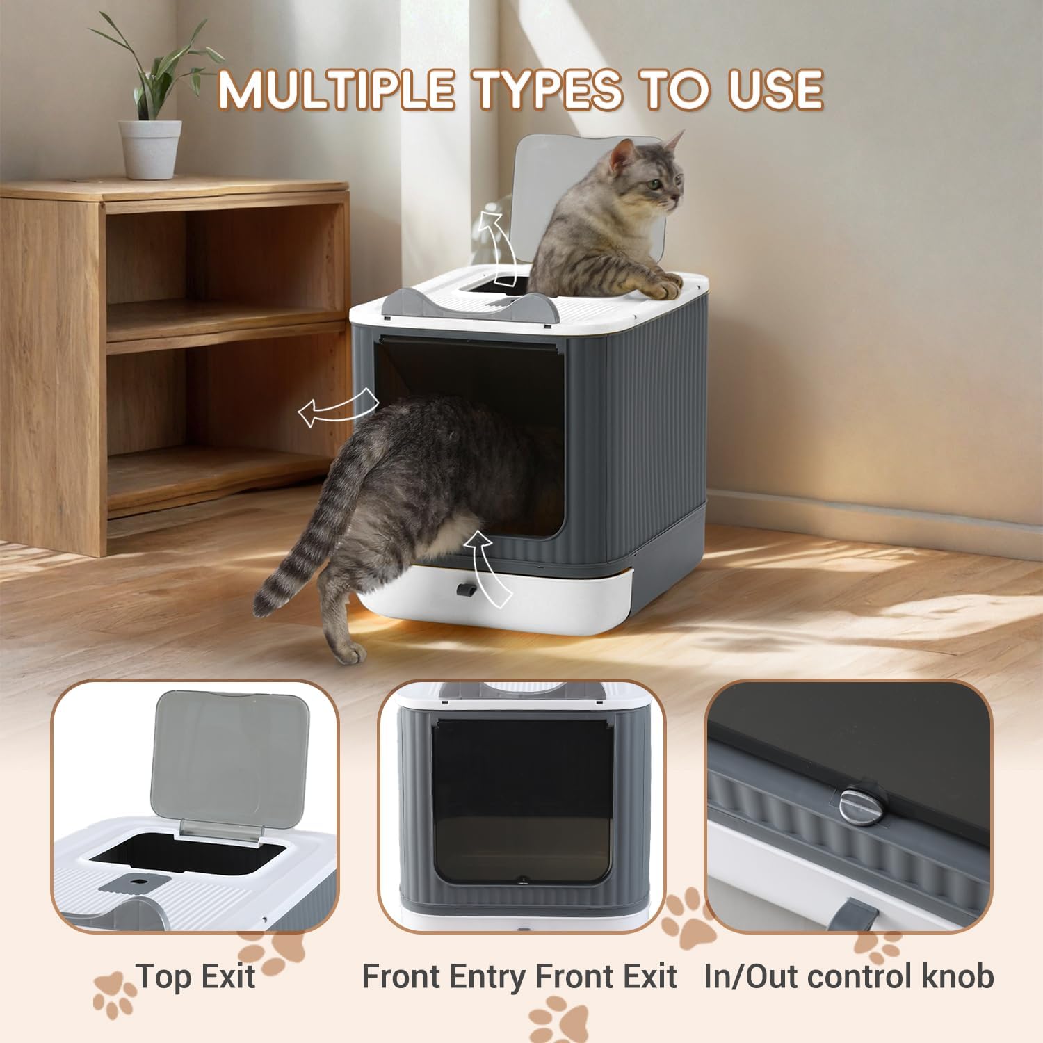 Foldable Cat Litter Box, Fully Enclosed Litter Box with Lid, Covered Kitty Kitten Litter Boxes Enclosure with Scoop, Odor Control, Easy to Clean, 3 Modes for Cat up to 12 lbs(White&Grey) - Image 4