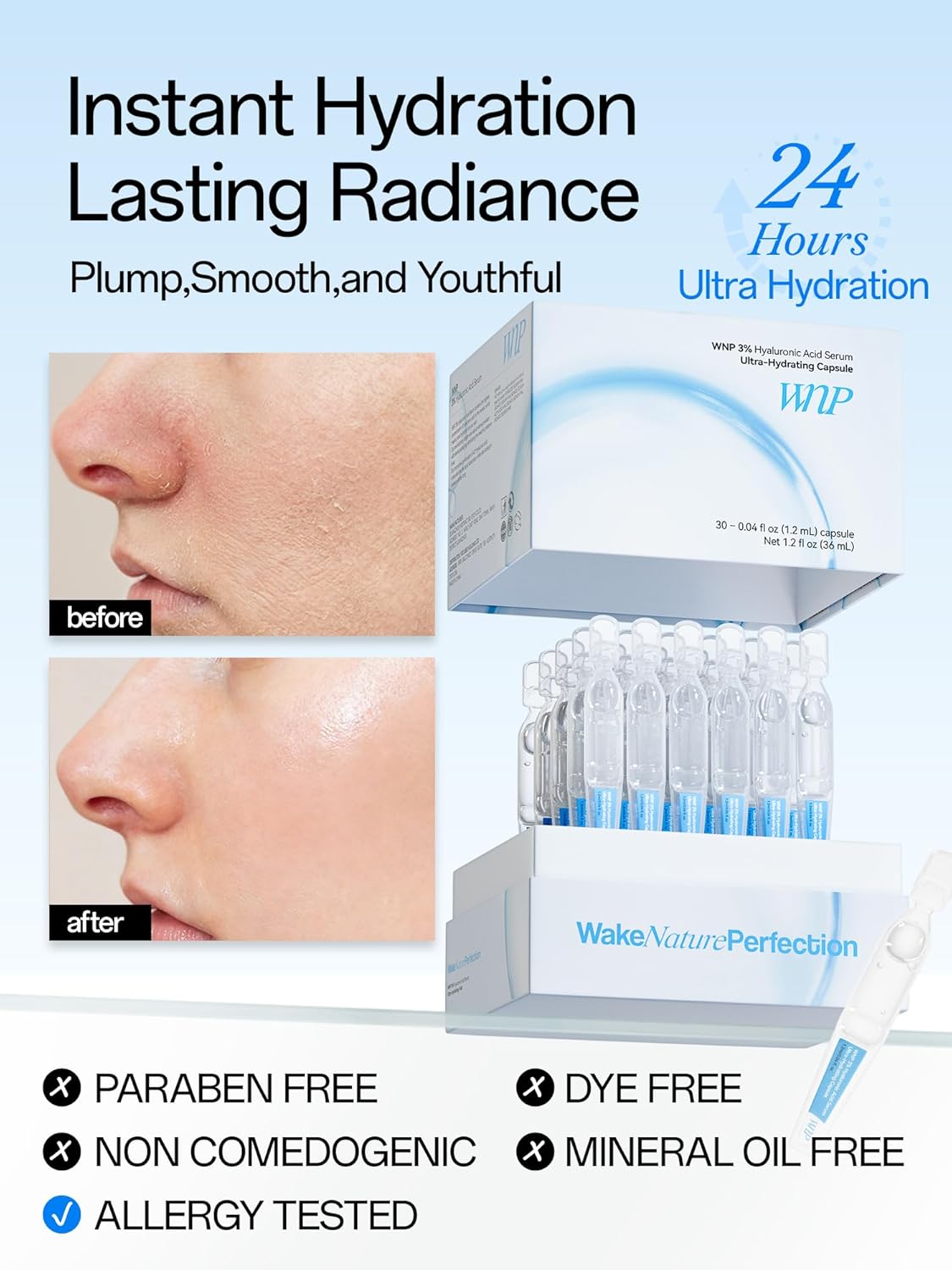 WNP Hyaluronic Acid Serum 3% for Face with 4D Multi-Layer Hydration | Ultra Hydrating Anti-Aging Serum | Moisturizer for Dry & Sensitive Skin | Pre-Makeup Skincare | Single-Use Vials 30PCS - Image 2