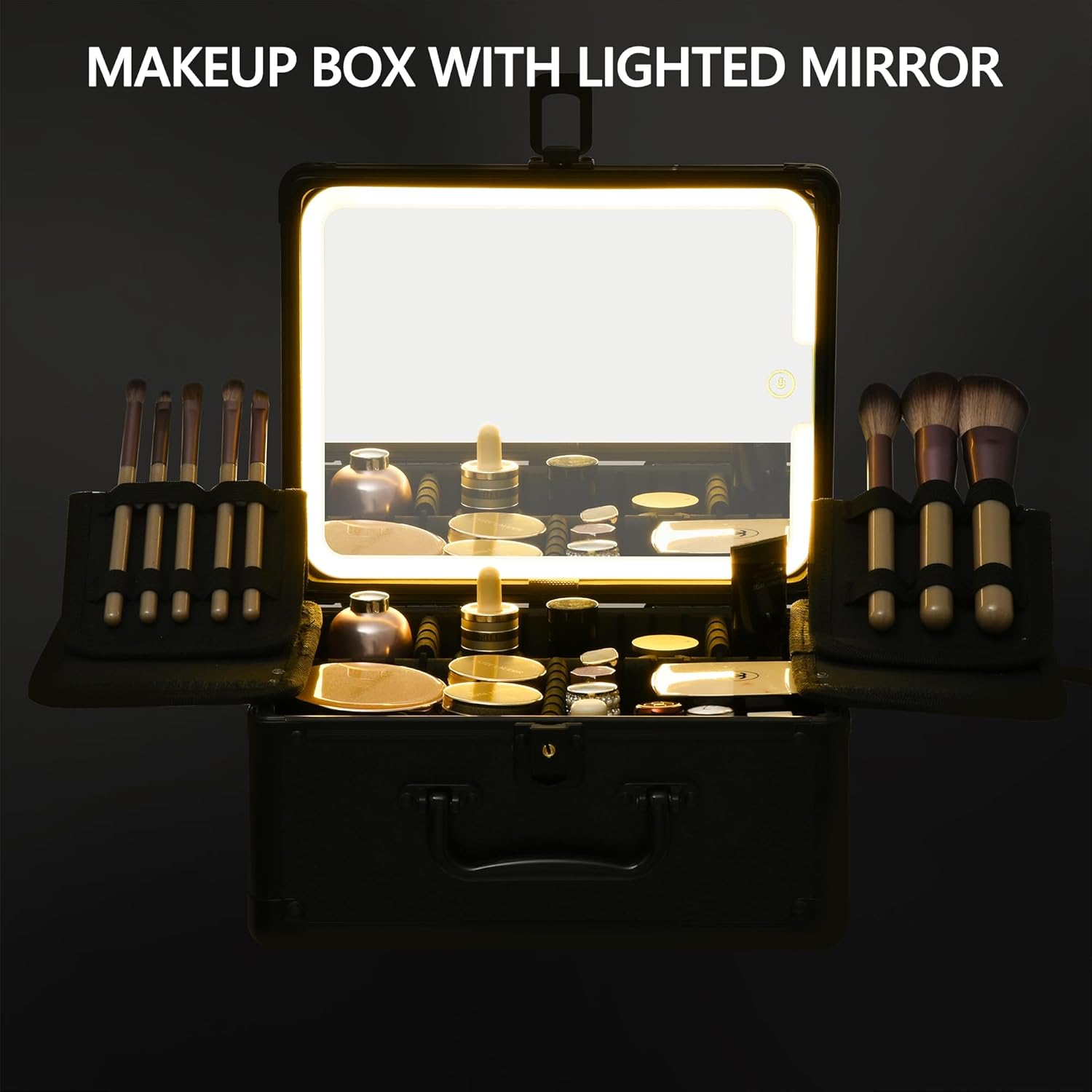 Makeup Case with Lighted Mirror, Makeup Box Organizer with Detachable LED Mirror, Travel Makeup Train Case, Waterproof Cosmetic Organizer, Standing Makeup Brush Holder, Gift, Black Green - Image 2