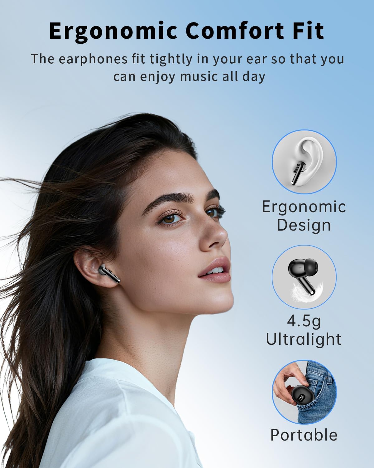 Wireless Earbuds, Bluetooth 5.4 Headphones with 50H Playback, Deep Bass Stereo Ear Buds Clear Calls with LED Power Display, IPX7 Waterproof, in-Ear Earphones with Mic for Phone/Android/iPad, Black - Image 7