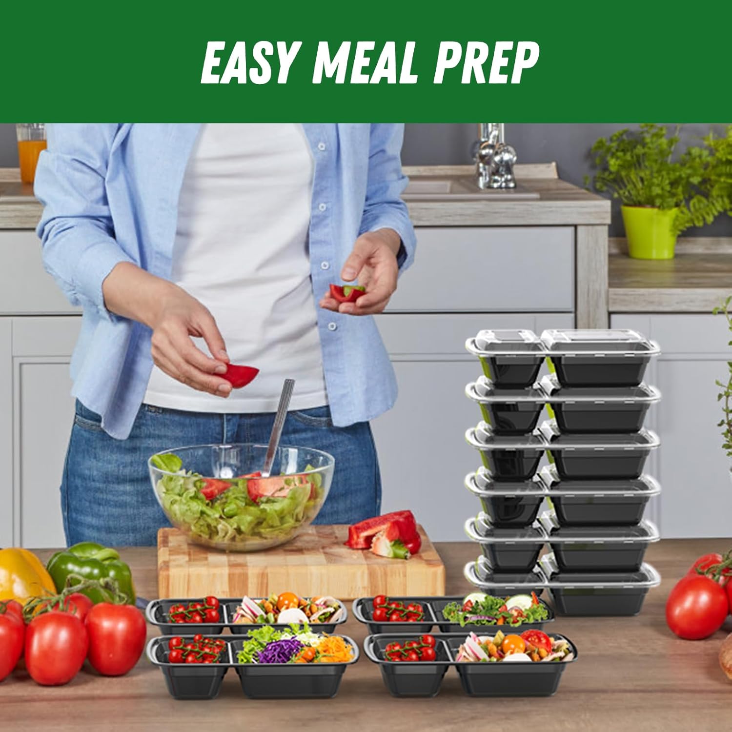 Dealusy 50 Pack (100-Piece) 28 oz Meal Prep Containers Reusable with Lids 2-Compartment, Sturdy Leakproof Food Safe, Microwave Freezer Dishwasher Safe, To Go Take Out Plastic Food Storage, Black - Image 6
