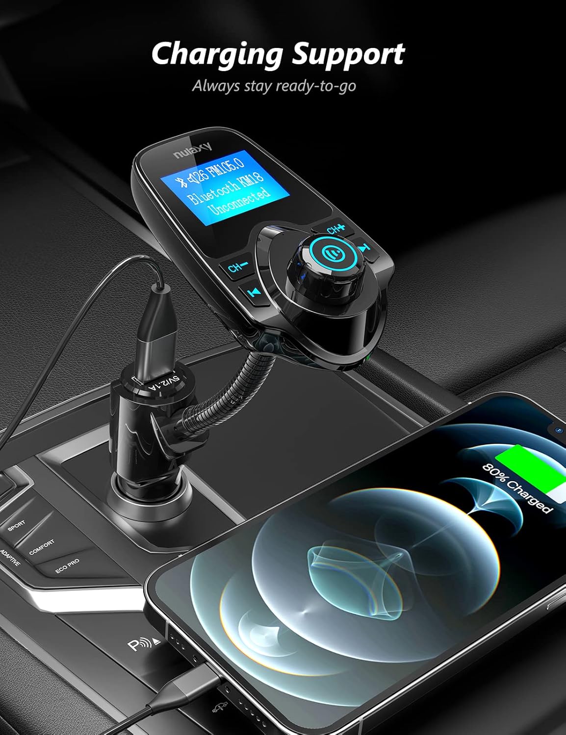 Nulaxy KM18 Bluetooth 5.4 Car Adapter with 1.44" Clear Display & Flexible Gooseneck - FM Radio Transmitter & Bluetooth Receiver for Hands-Free Calls, Wireless Music via BT/FM/AUX/TF, USB Car Charger - Image 6