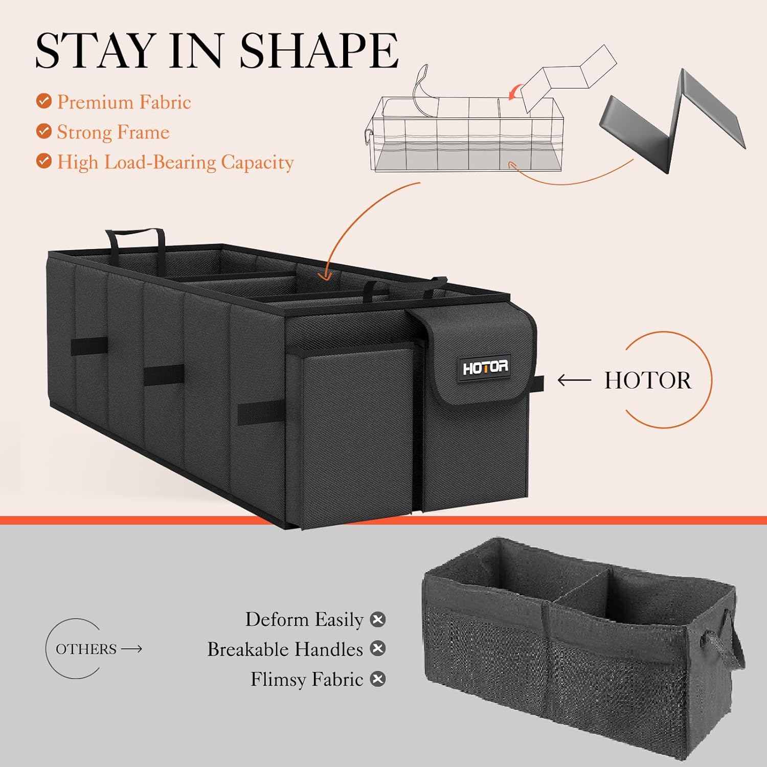 HOTOR Trunk Organizer, Sturdy Foldable with Cooler for Car & SUV, 3 Compartments, Black, 30.90”×12.60”×10.63” - Image 4