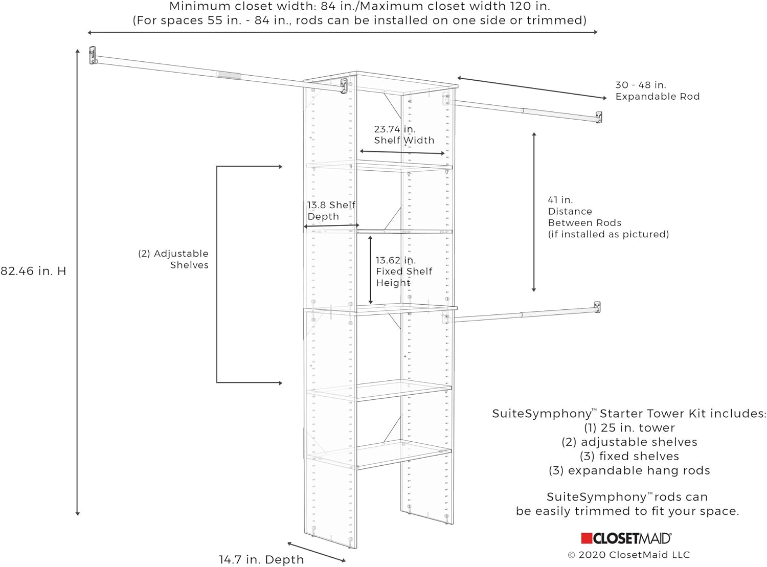 ClosetMaid SuiteSymphony Wood Closet Organizer System, 25-Inch Starter Kit with Tower and 3 Hang Rods and Shelving, Adjustable Shelves, Customizable Insert, Reach-in or Walk-in Closets, Pure White - Image 13