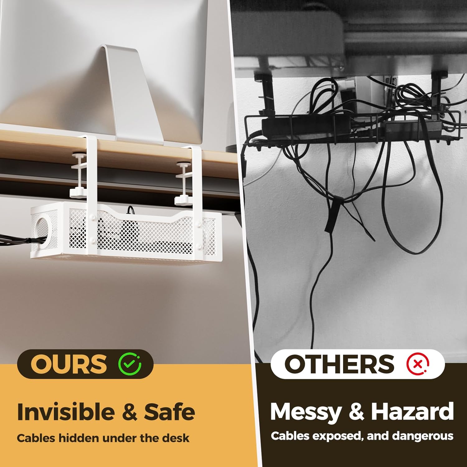 Under Desk Cable Management Tray White, Cinati Wire Organizers No Drill, Cable Tray with Clamp for Wire Management, Cord Organization Box for Office, Home - No Damage to Desk - Image 3