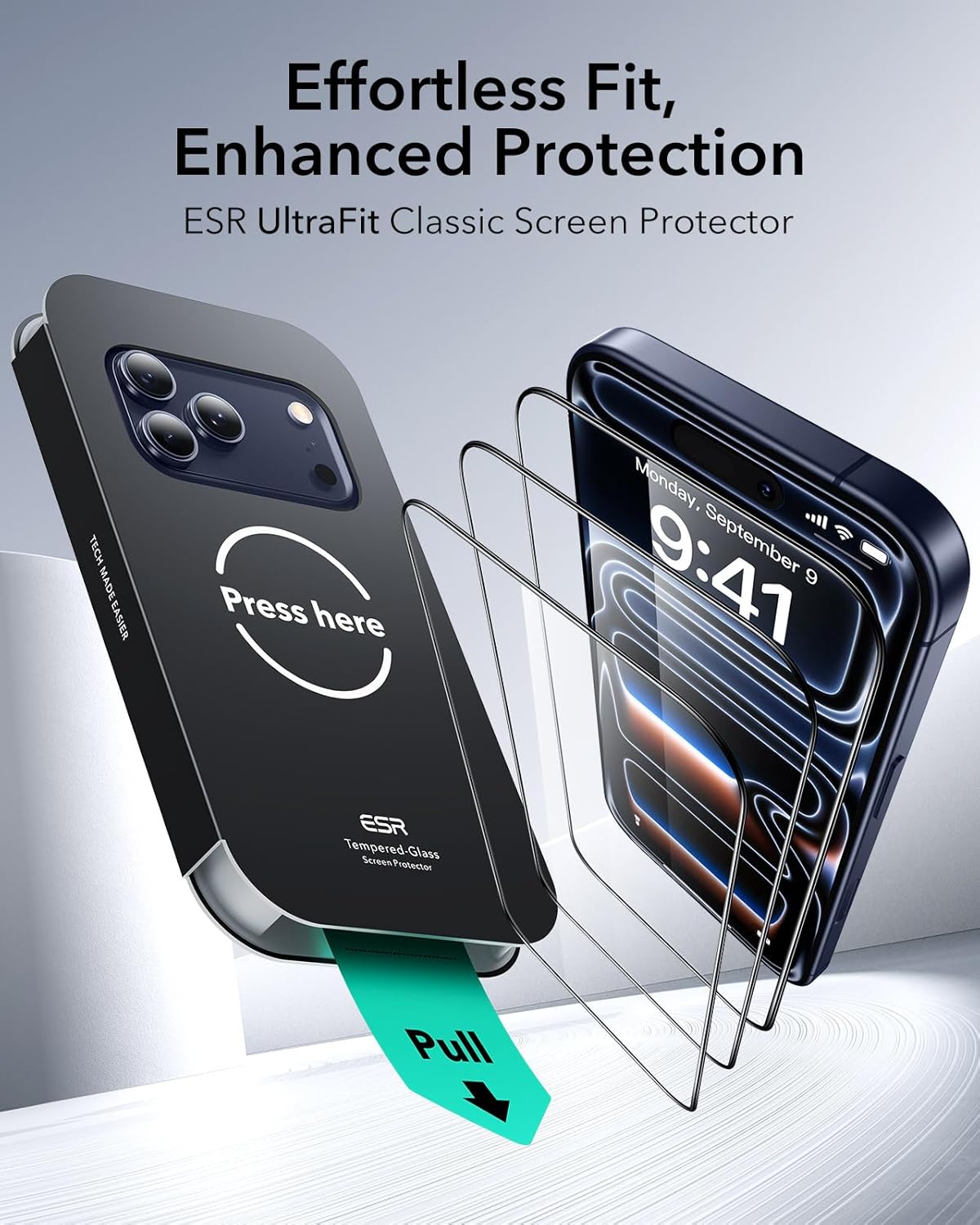 ESR 3 Pack of iPhone 17/iPhone 16 Pro Screen Protector, Military-Grade Shatterproof, 9H Hardness, Full Coverage Tempered Glass with Ultra Fit Tray - Image 2