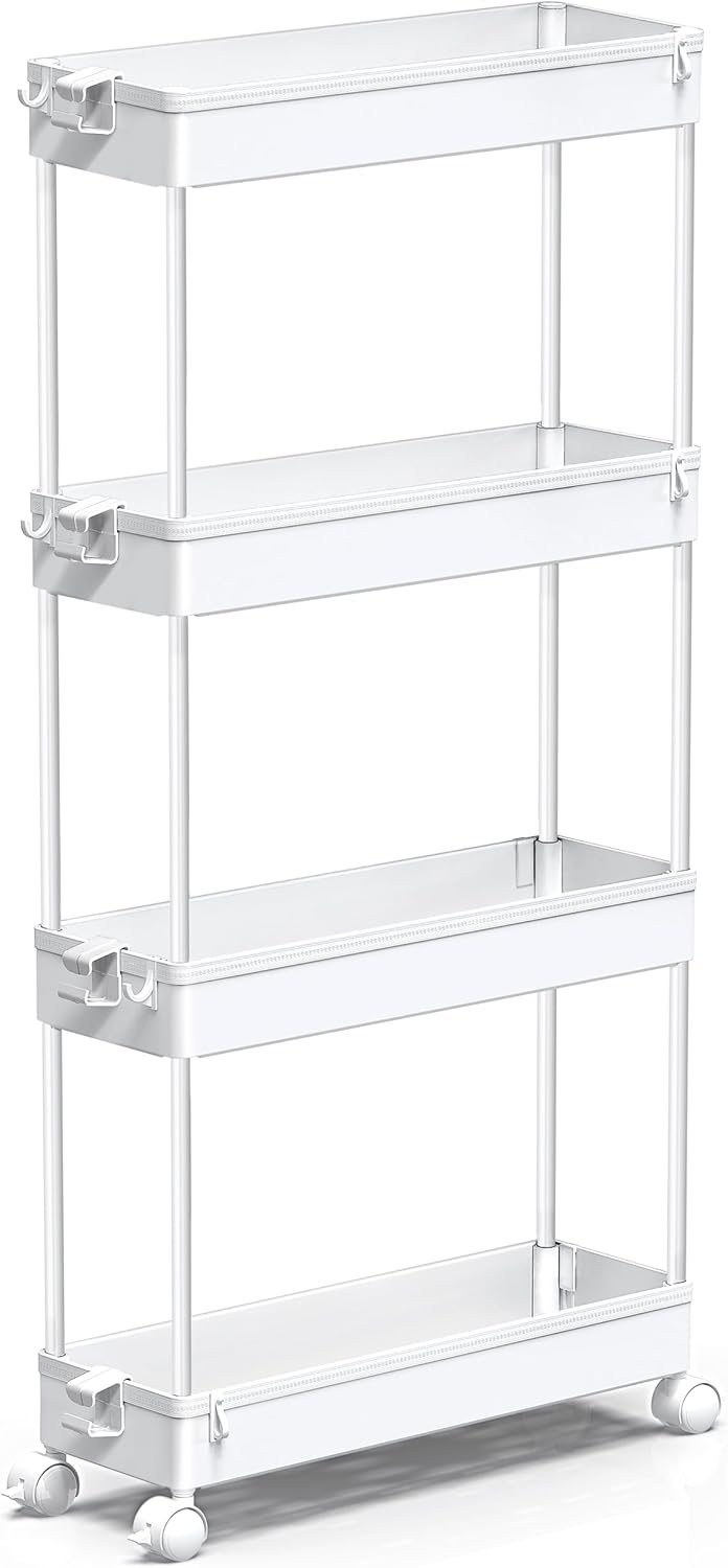 SPACEKEEPER Slim Rolling Storage Cart 4 Tier Bathroom Organizer Mobile Shelving Unit Utility Cart Tower Rack for Kitchen Laundry Narrow Places, White - Image 8