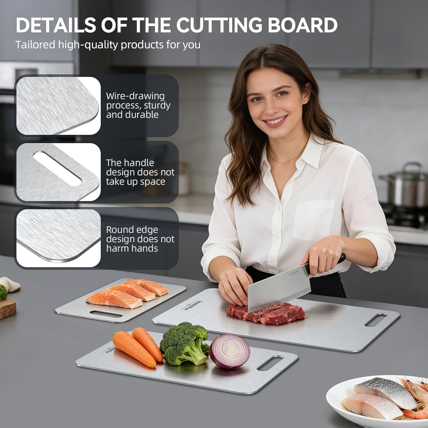 Titanium Cutting Boards Set of 3, 100% Pure Titanium Kitchen Cutting Board, Double-Sided Non-Toxic Cutting Board, Ideal for Slicing and Dicing Meats, Features Handle, Dishwasher Safe - Image 3