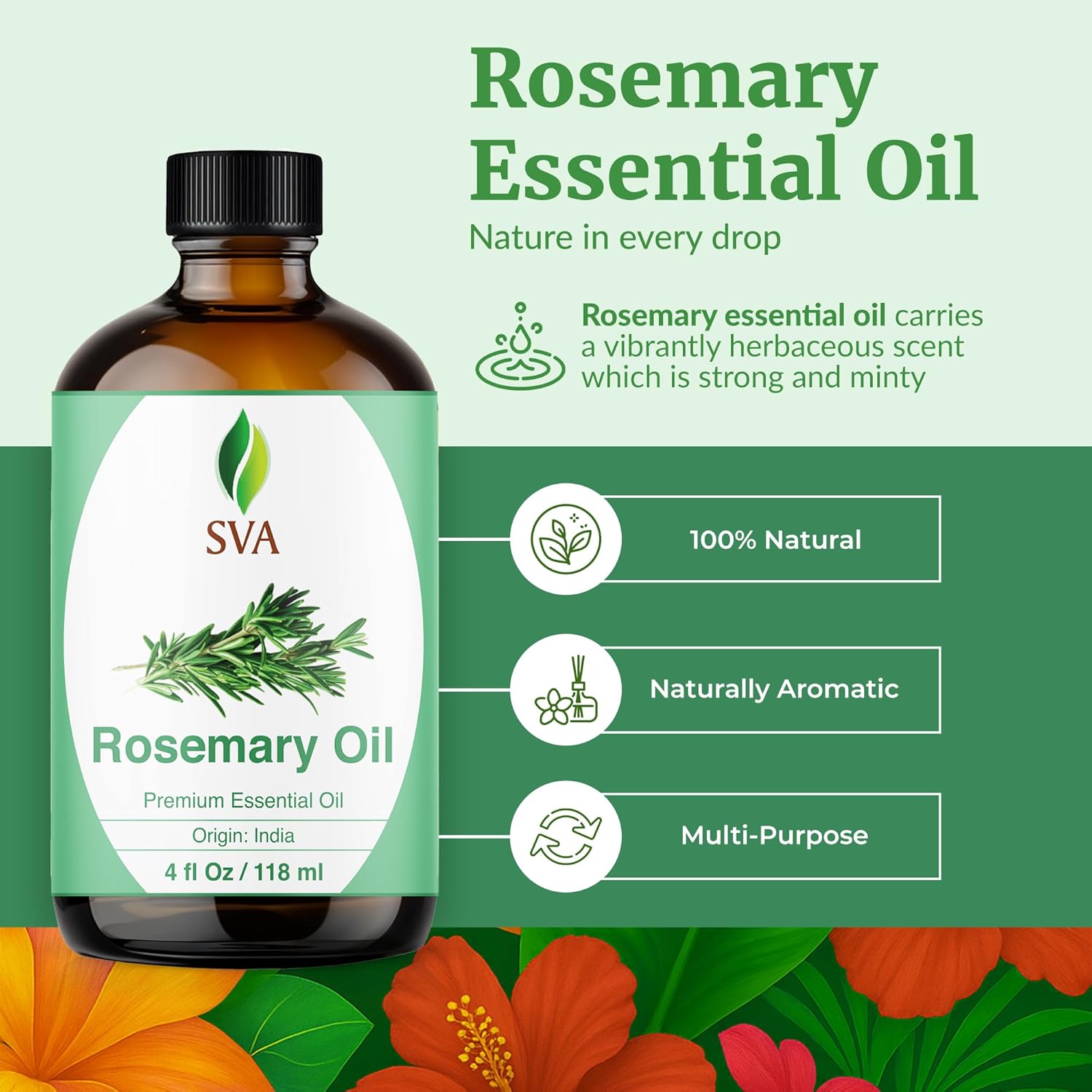 SVA Rosemary Essential Oil – 4 Fl Oz – 100% Natural Rosemary Oil for Hair, Face, Skin Care, Diffuser, Aromatherapy, Scalp, Body Massage, Soap and Candle Making – with Dropper - Image 2