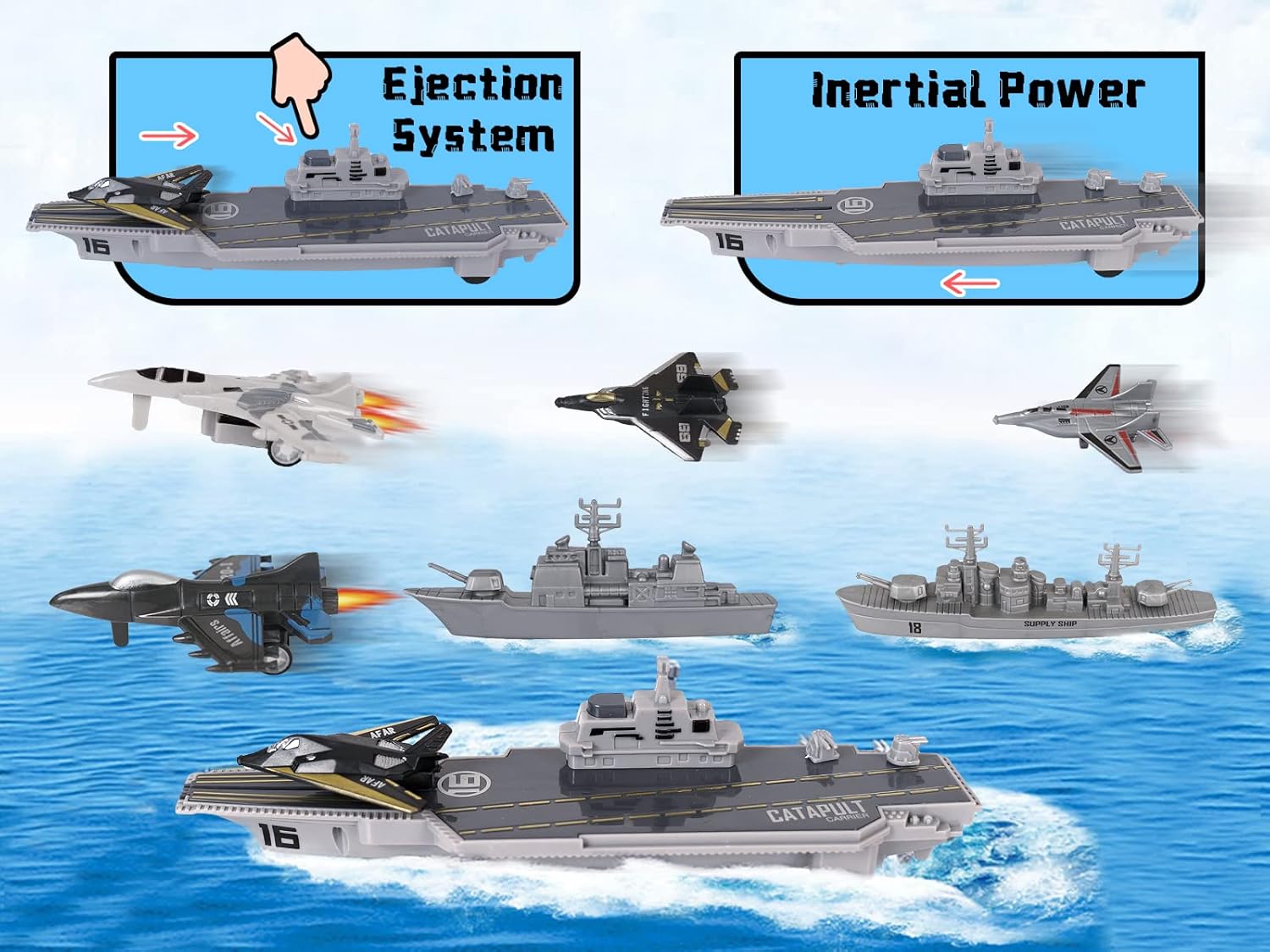 Crelloci Aircraft Carrier Military Naval Ship with Pull Back Army Fighter Jet Toy Small Scale Model Plane Submarine Kids' Play Vehicle Set for Boy Girl Children - Image 2