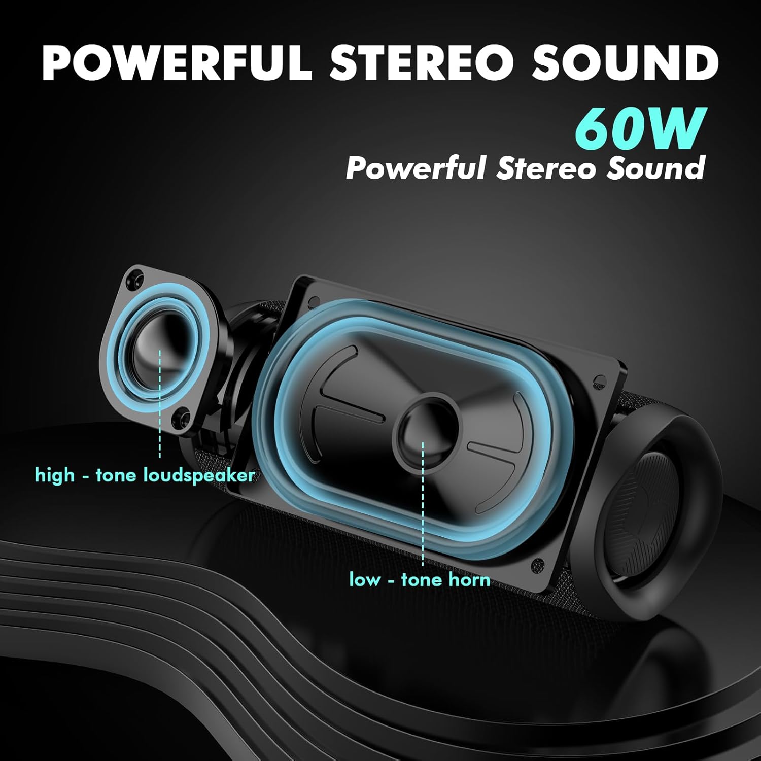 Monster Bluetooth Speaker, Wireless Portable Outdoor Bluetooth Speakers, 60W True Wireless Stereo IPX8 Waterproof, Dual PairingBluetooth 5.4 Built-in Mic, Black - Image 3