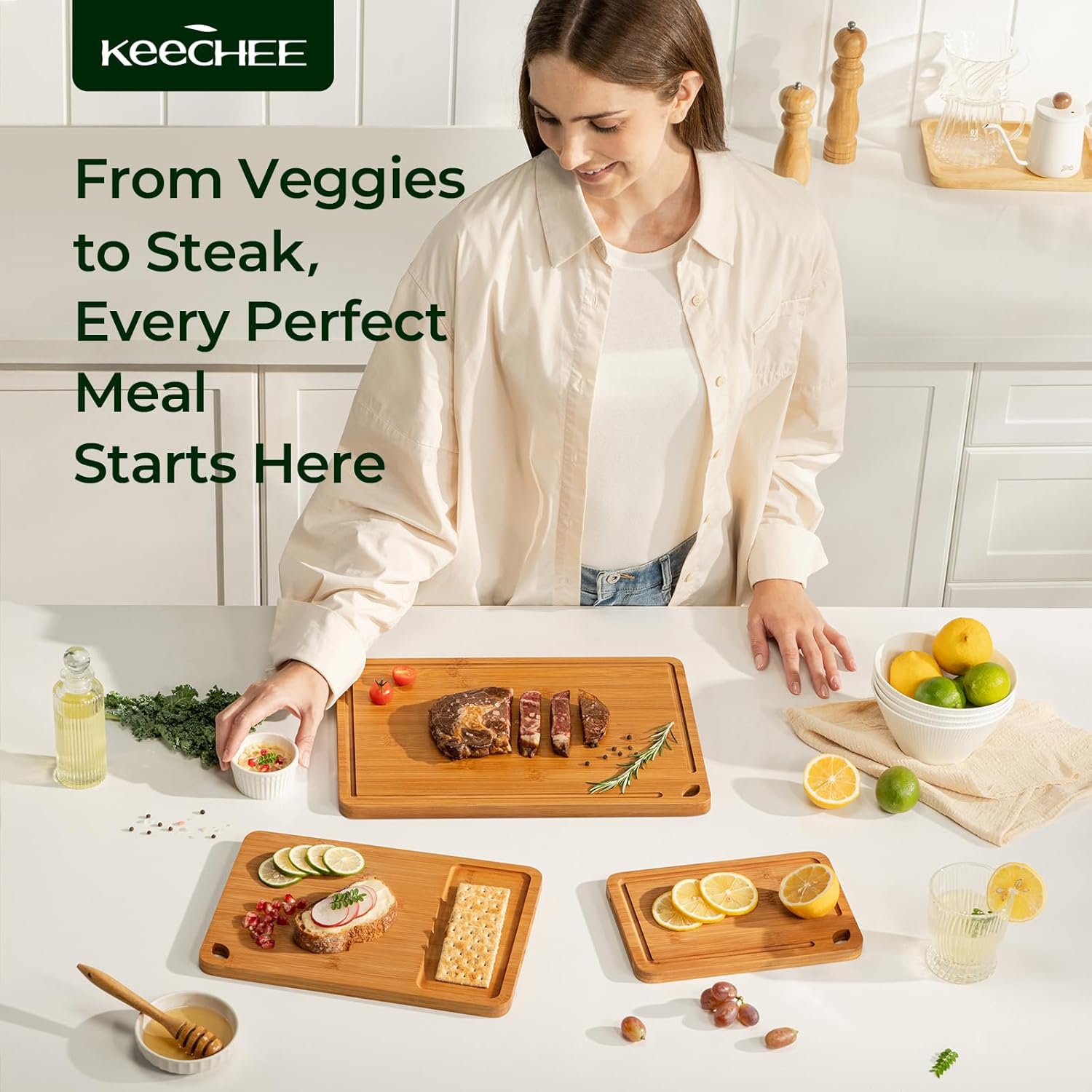 Keechee Bamboo Cutting Board, Durable Wood Cutting Boards for Kitchen with Deep Juice Grooves & Built-in Handles, Ideal Charcuterie & Chopping for Meat, Vegetables and Fruits Ideal Kitchen Gifts - Image 4