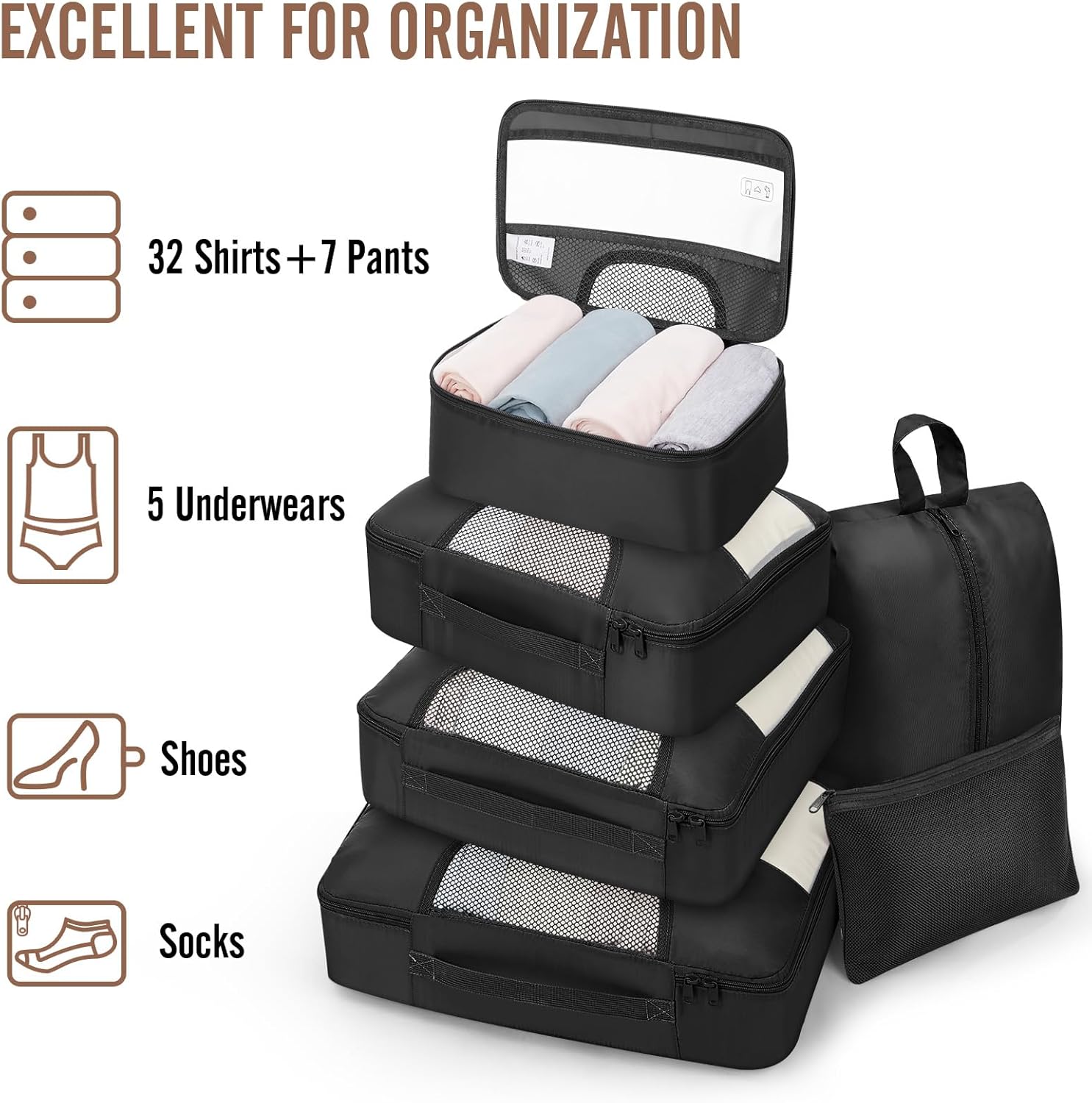 Veken 10 Set/8 Set Packing Cubes for Travel Essentials, Suitcase Organizer Bags in 4 Sizes, Carry-On Luggage Accessories with Laundry & Toiletry Bag, Airplane Must-Have, Road Trip & Camp Gifts for Men - Image 5